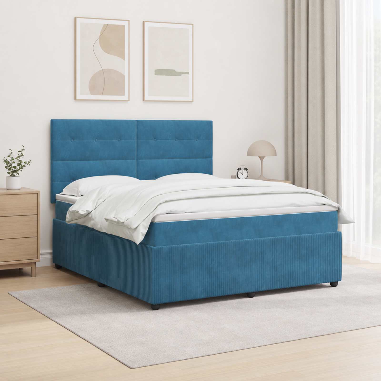 LED Boxspringbett mit Matratze Blau 140 x 200 cm Samt