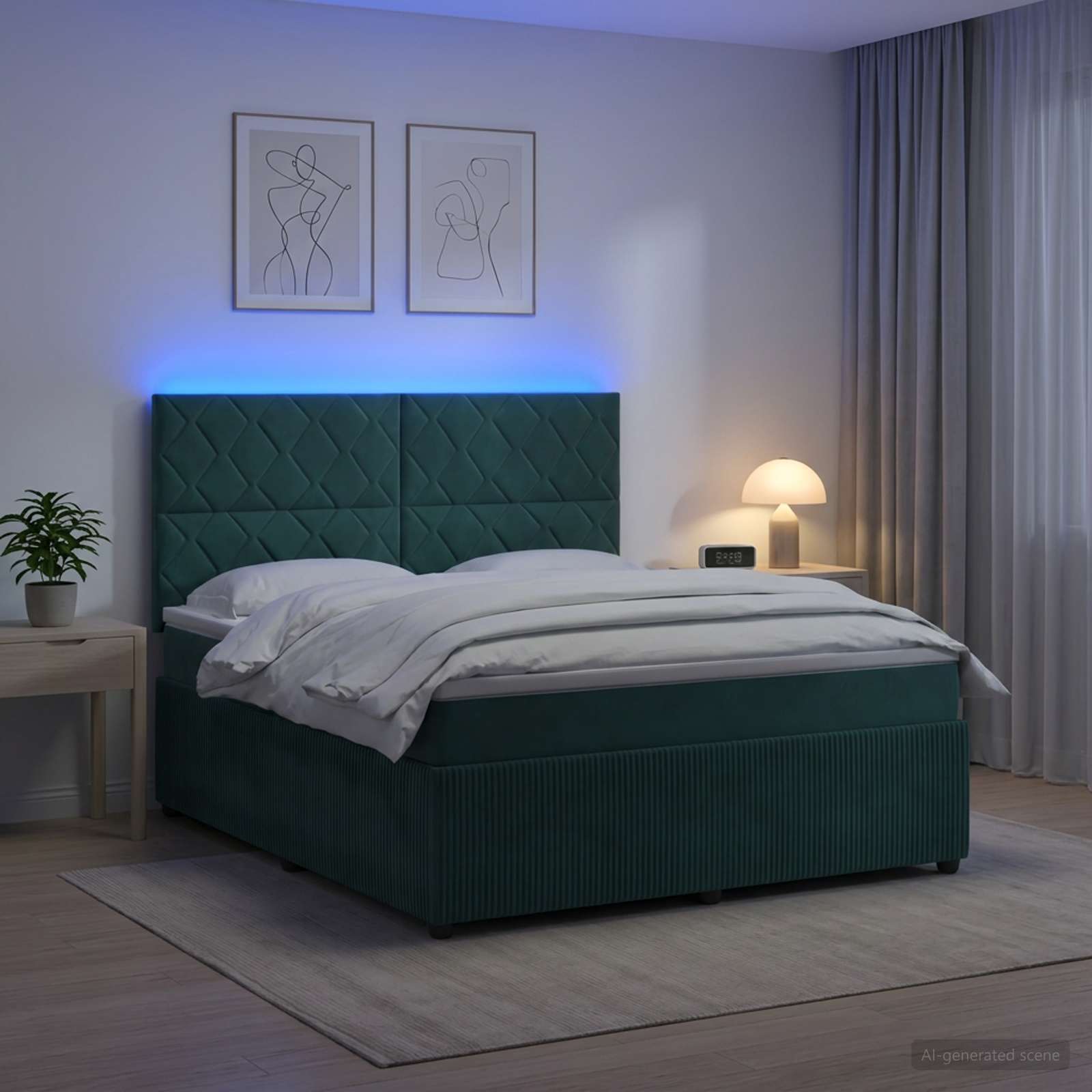 LED Boxspringbett mit Matratze Dunkelgrün 140 x 200 cm Samt