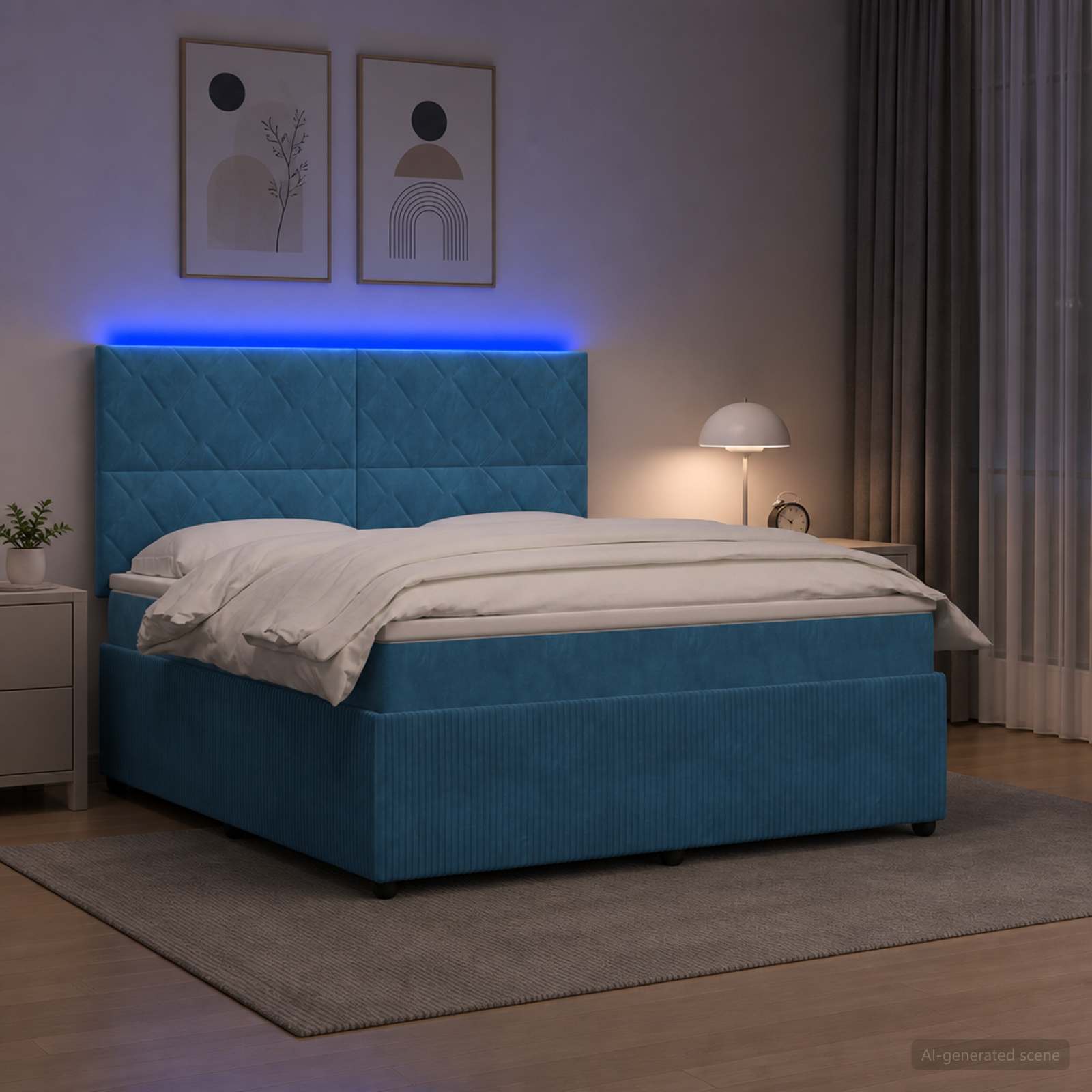 LED Boxspringbett mit Matratze Blau 140 x 200 cm Samt