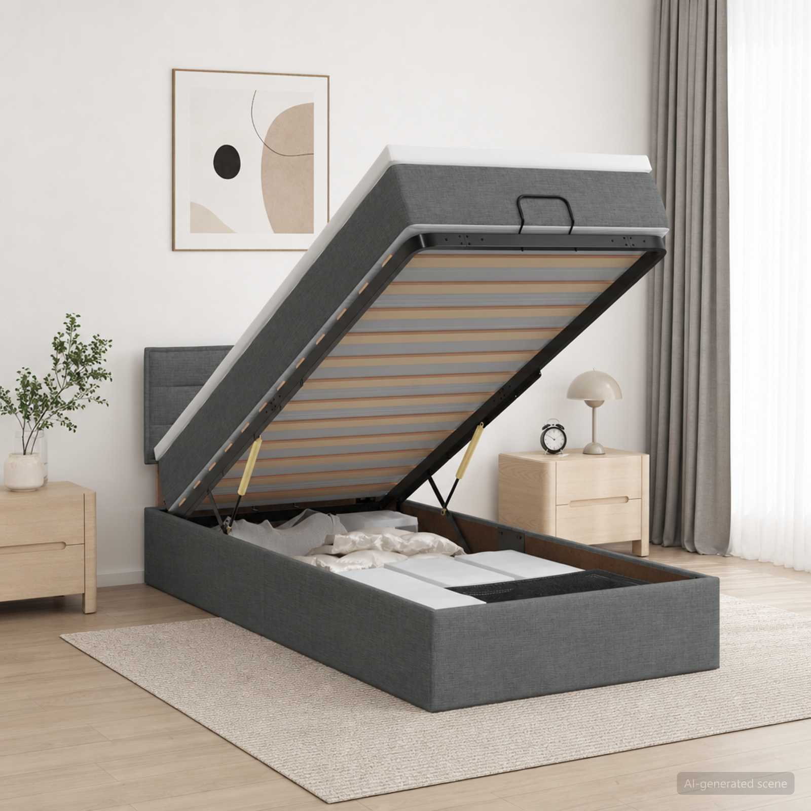 Ottoman-Bett mit Matratze und LED Dunkelgrau 90 x 200 cm Stoff