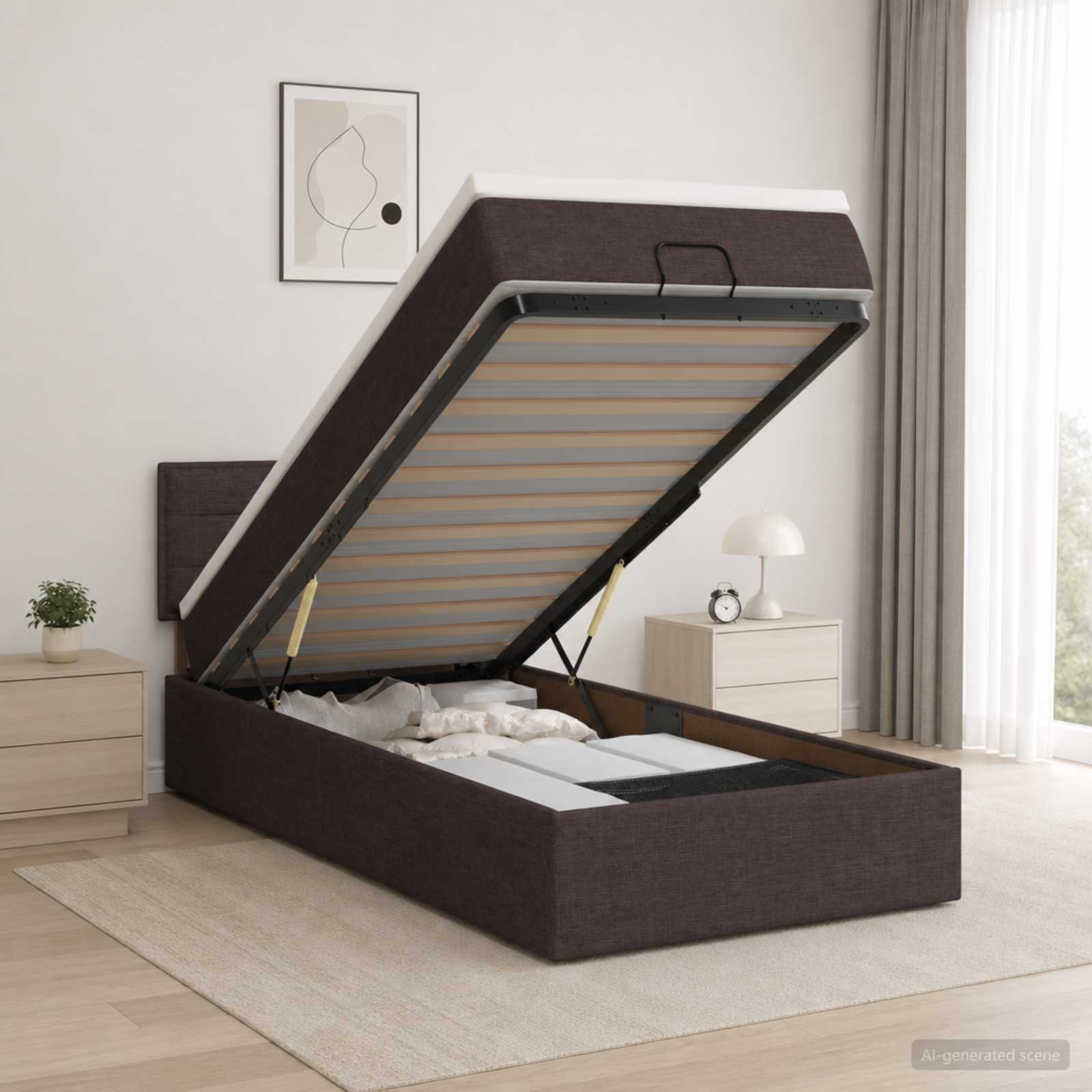 Ottoman-Bett mit Matratze und LED Dunkelbraun 90 x 190 cm Stoff