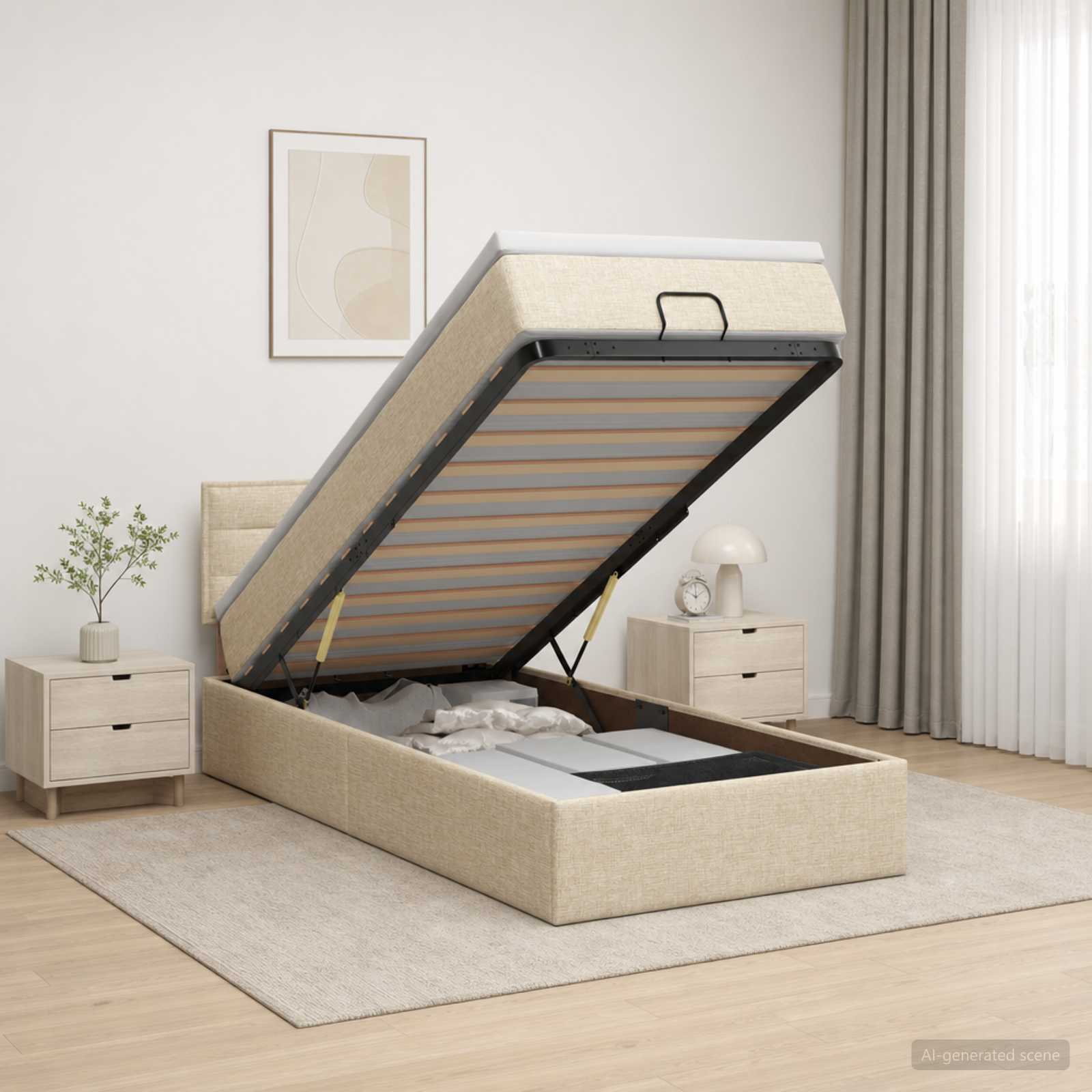Ottoman Bett mit Matratze mit Kopfteil Creme 100 x 200 cm Stoff