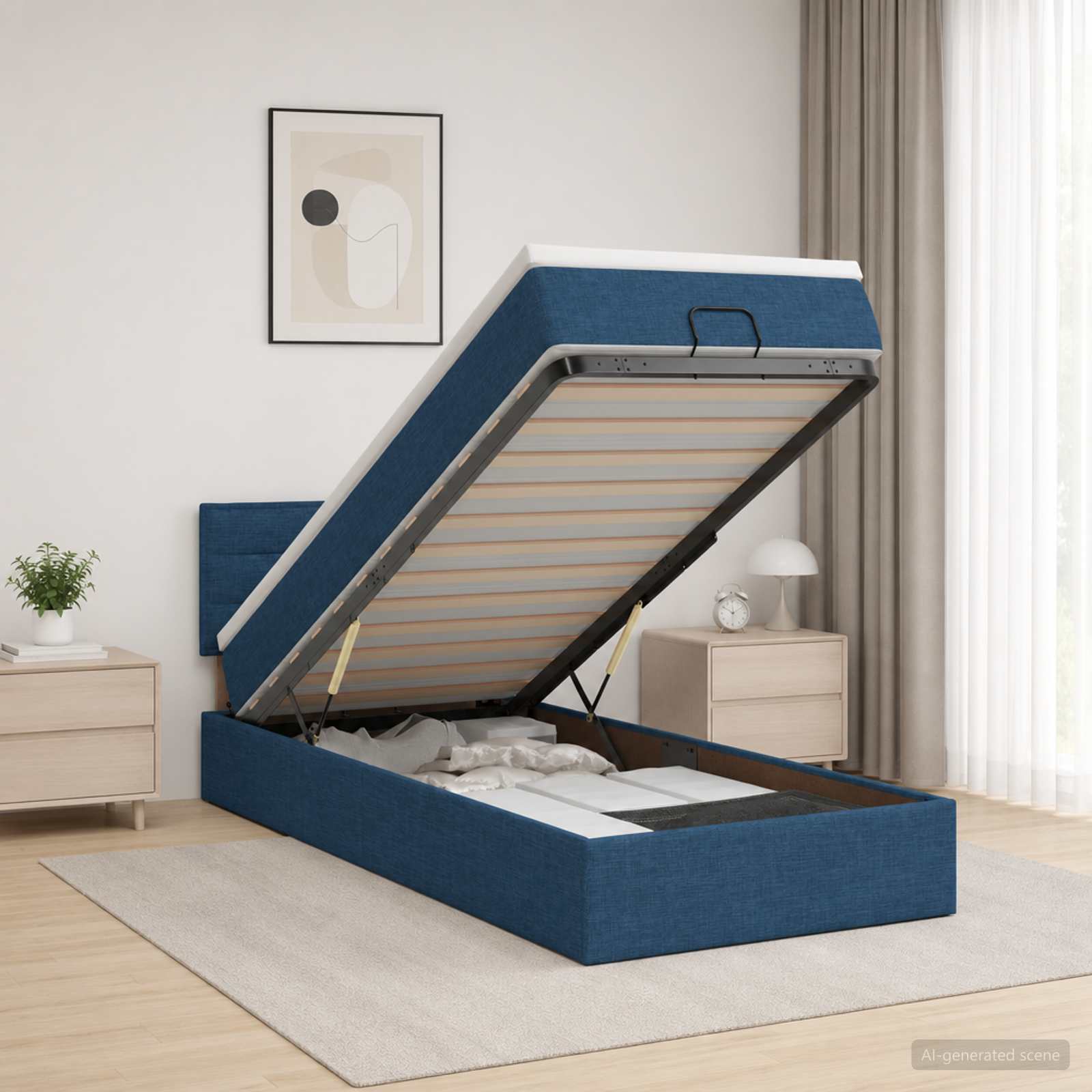 Ottoman-Bett mit Matratze und LED Blau 100 x 200 cm Stoff
