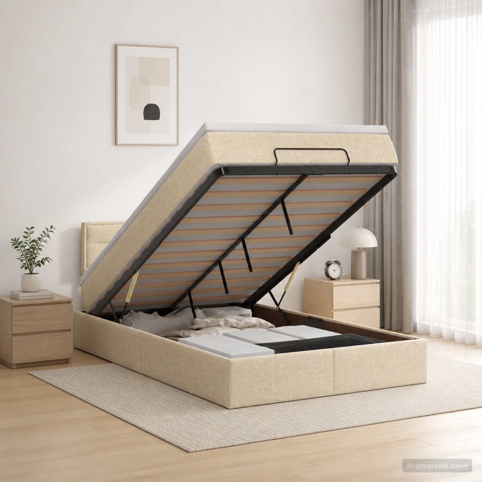 Ottoman-Bett mit Matratze und LED Creme 120 x 200 cm Stoff