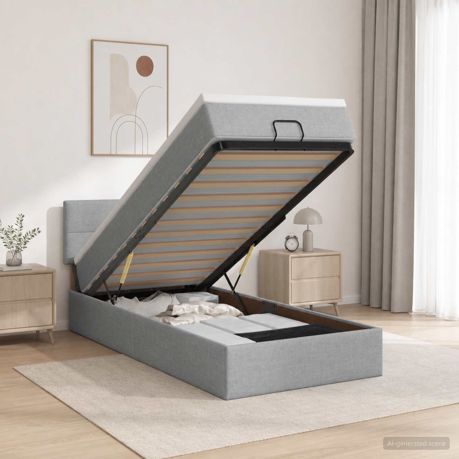 Ottoman Bett mit Matratze Hellgrau 80 x 200 cm Stoff