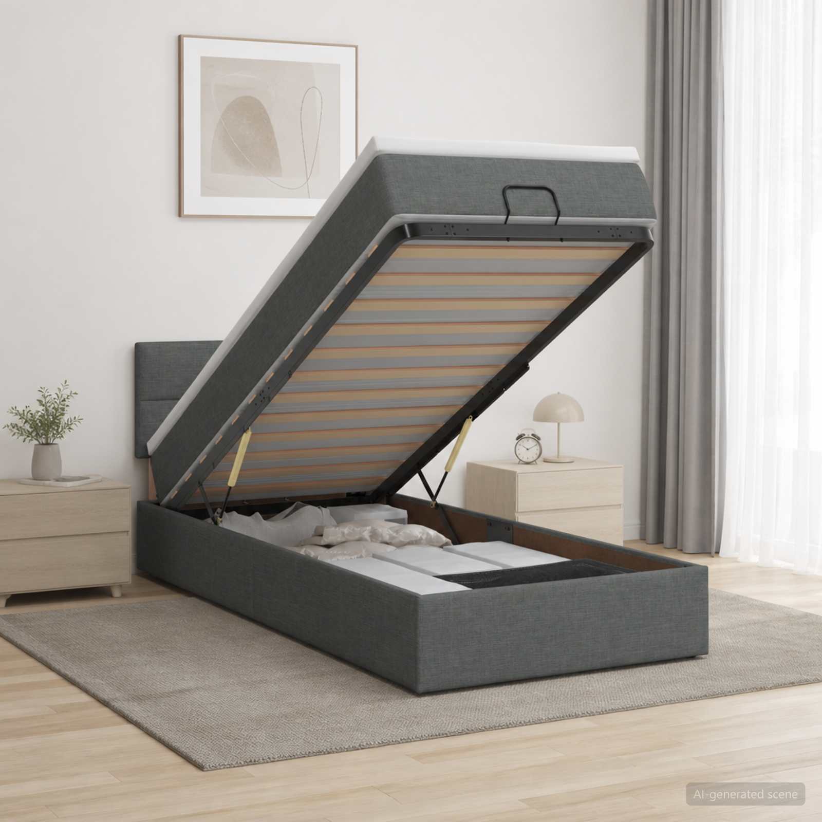 Ottoman Bett mit Matratze Dunkelgrau 100 x 200 cm Stoff