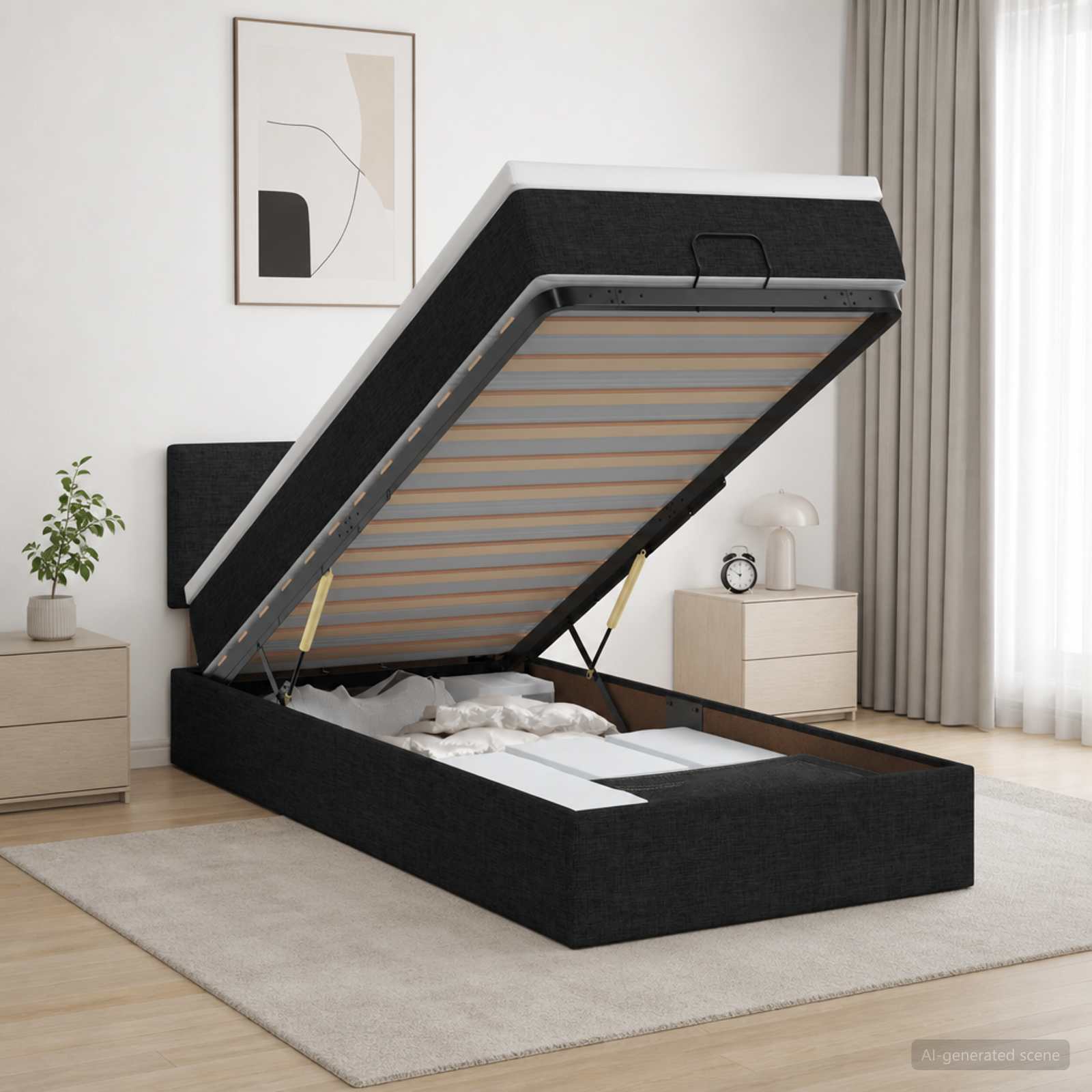 Ottoman-Bett mit Matratze und LED Schwarz 90 x 190 cm Stoff