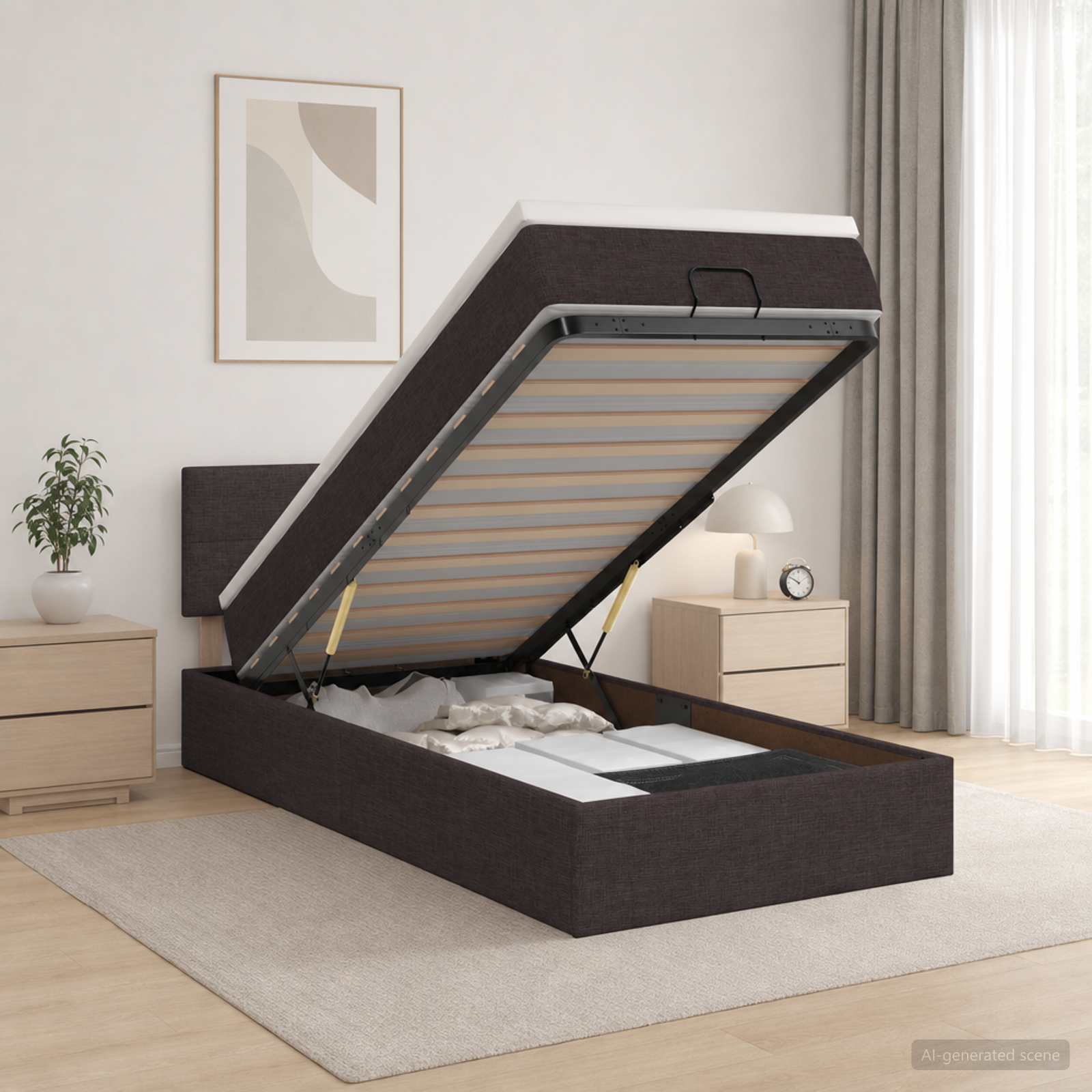Ottoman Bett mit Matratze Dunkelbraun 90 x 190 cm Stoff