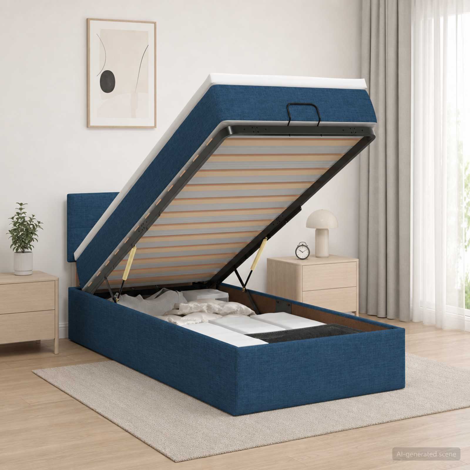 Ottoman-Bett mit Matratze und LED Blau 90 x 200 cm Stoff