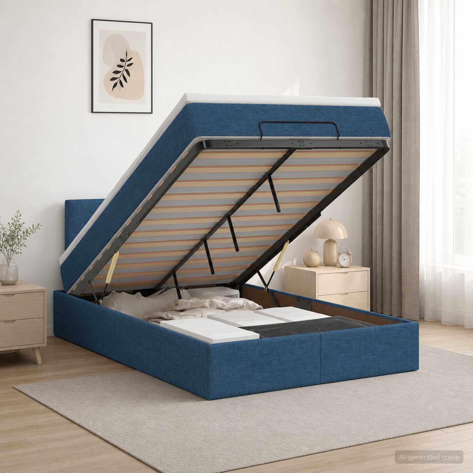 Ottoman Bett mit Matratze mit Kopfteil Blau 120 x 200 cm Stoff