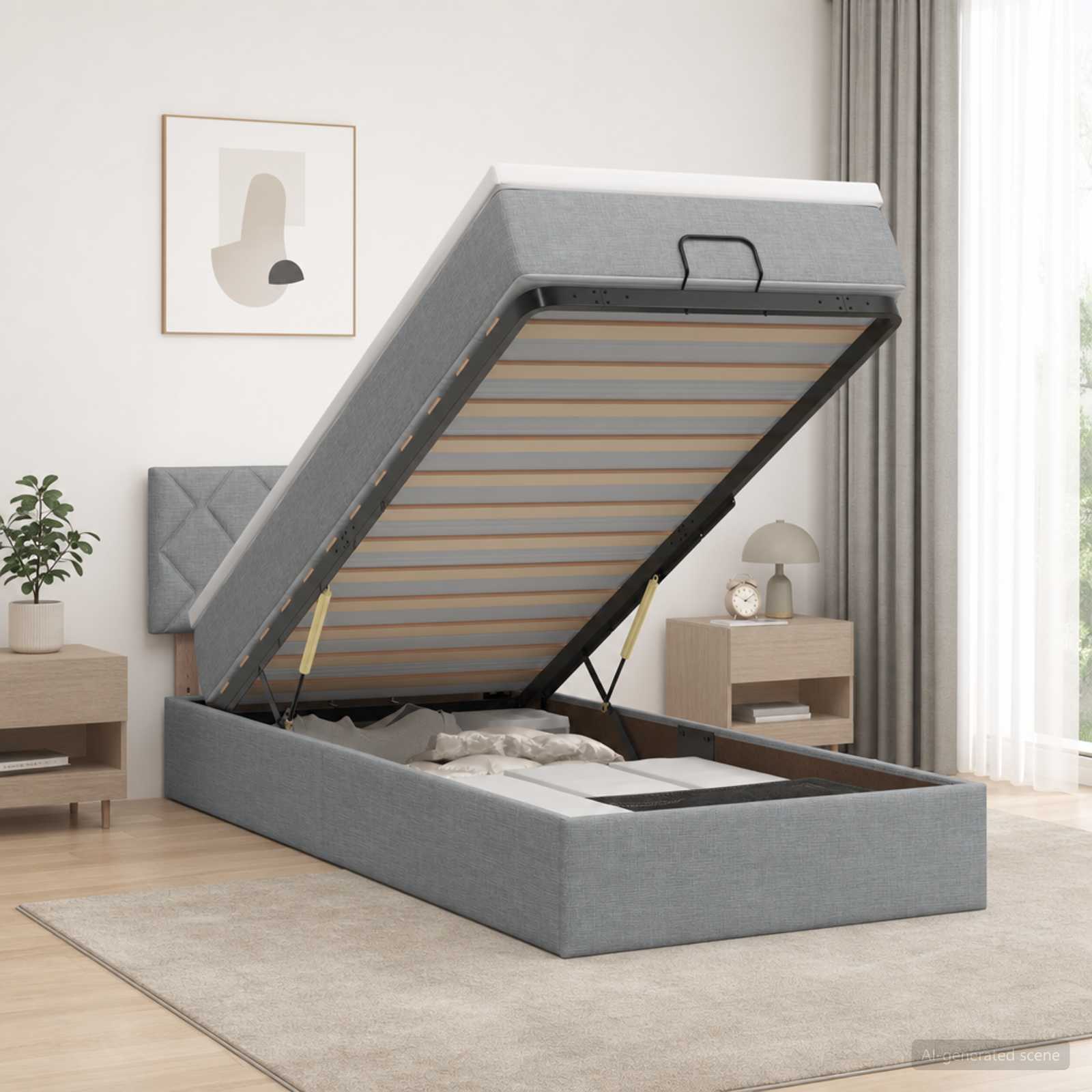Ottoman Bett mit Matratze Hellgrau 80 x 200 cm Stoff