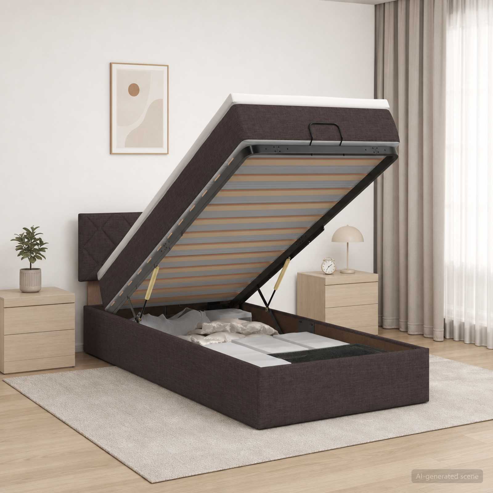 Ottoman-Bett mit Matratze und LED Dunkelbraun 90 x 200 cm Stoff