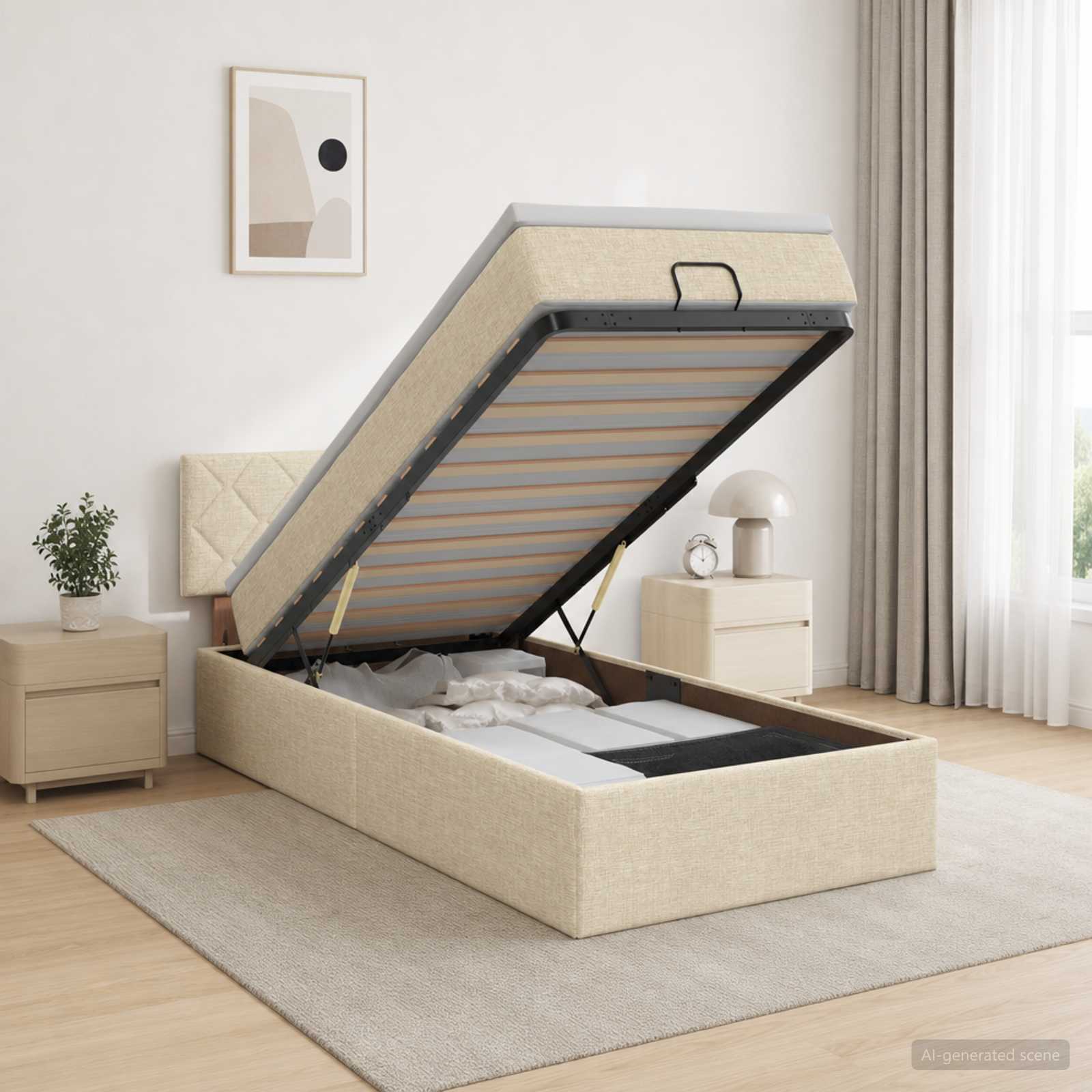 Ottoman Bett mit Matratze mit Kopfteil Creme 80 x 200 cm Stoff