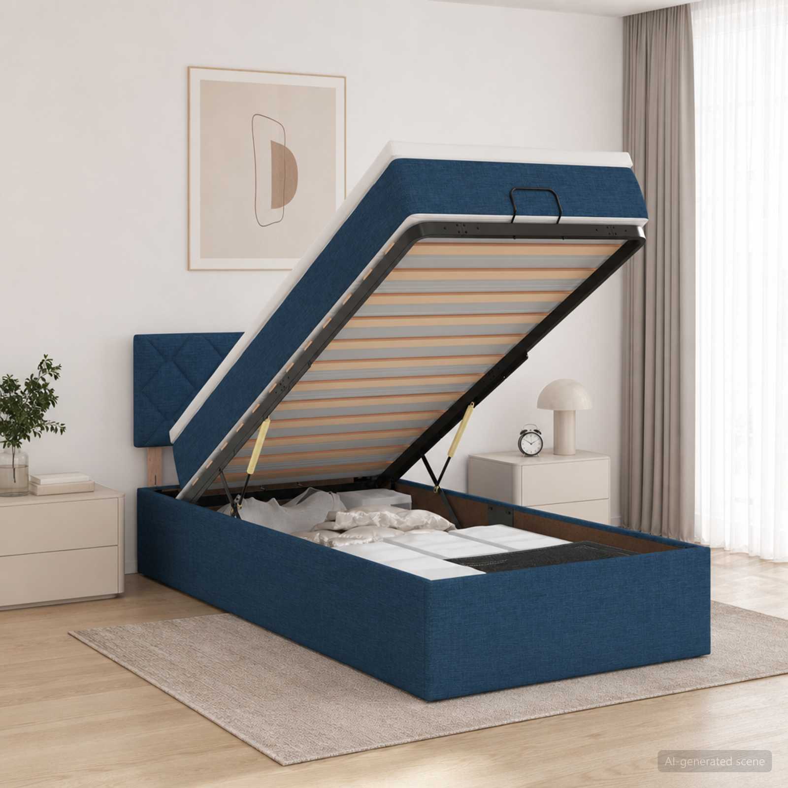 Ottoman Bett mit Matratze mit Kopfteil Blau 90 x 200 cm Stoff
