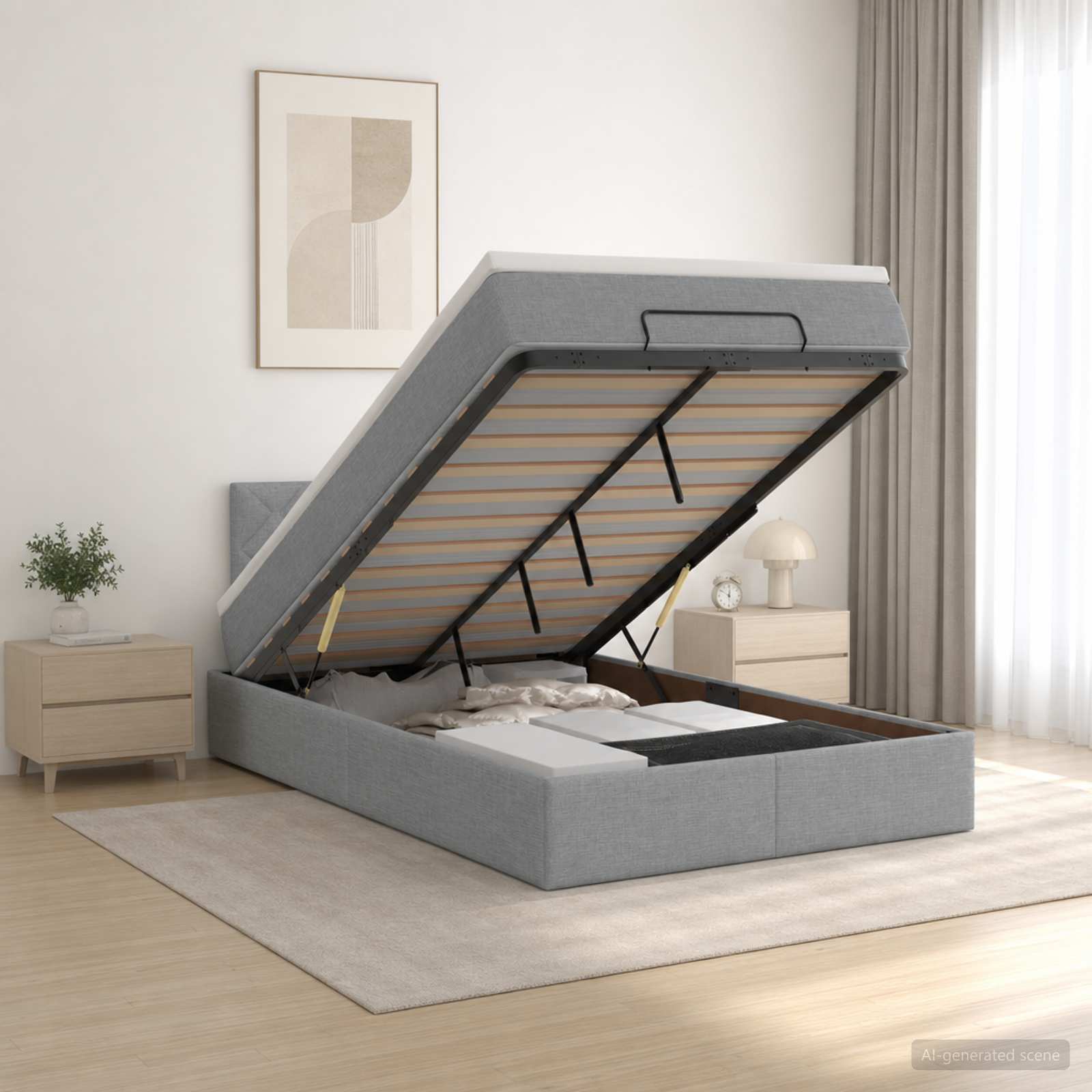 Ottoman Bett mit Matratze Hellgrau 120 x 200 cm Stoff