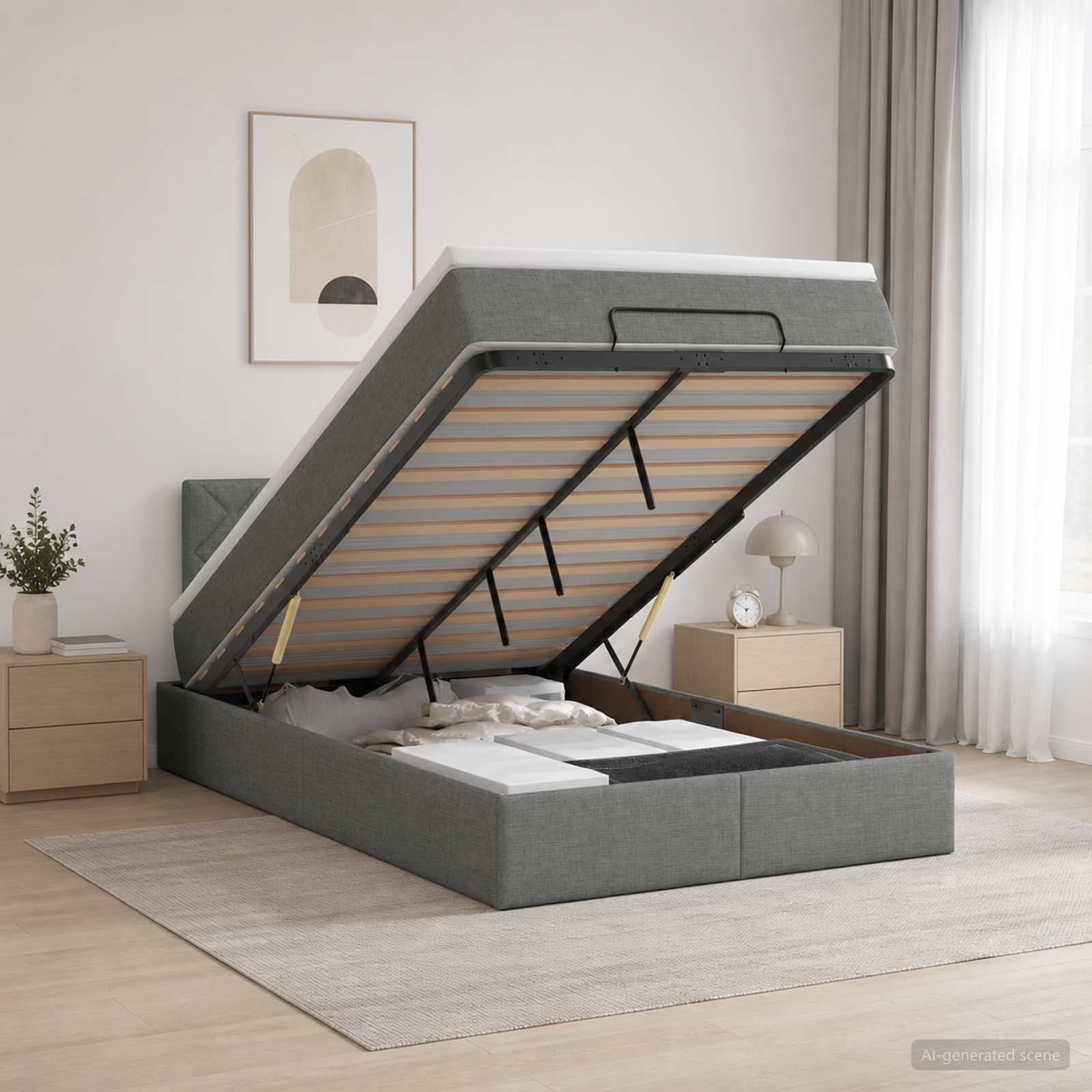 Ottoman Bett mit Matratze Dunkelgrau 120 x 200 cm Stoff