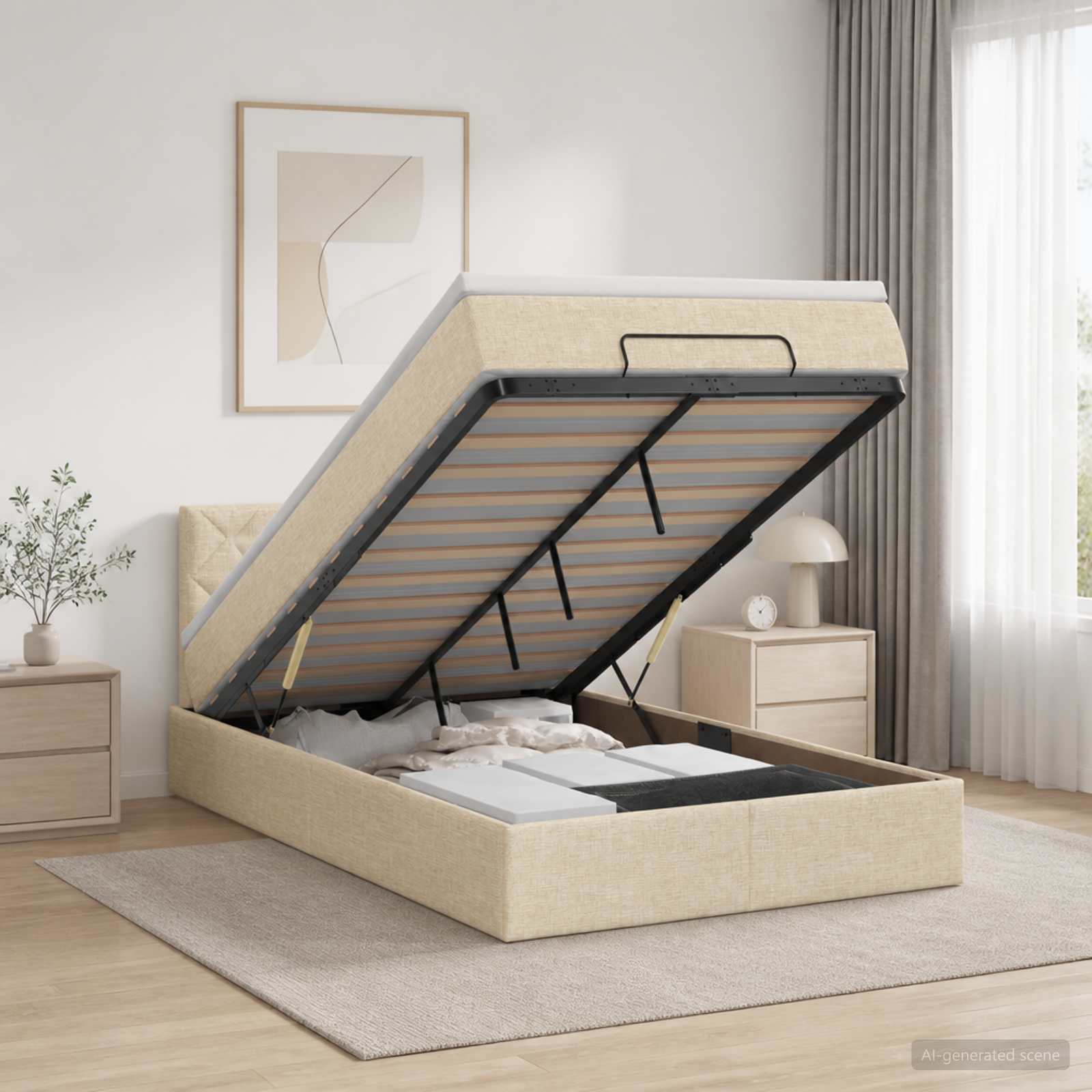 Ottoman-Bett mit Matratze und LED Creme 120 x 190 cm Stoff