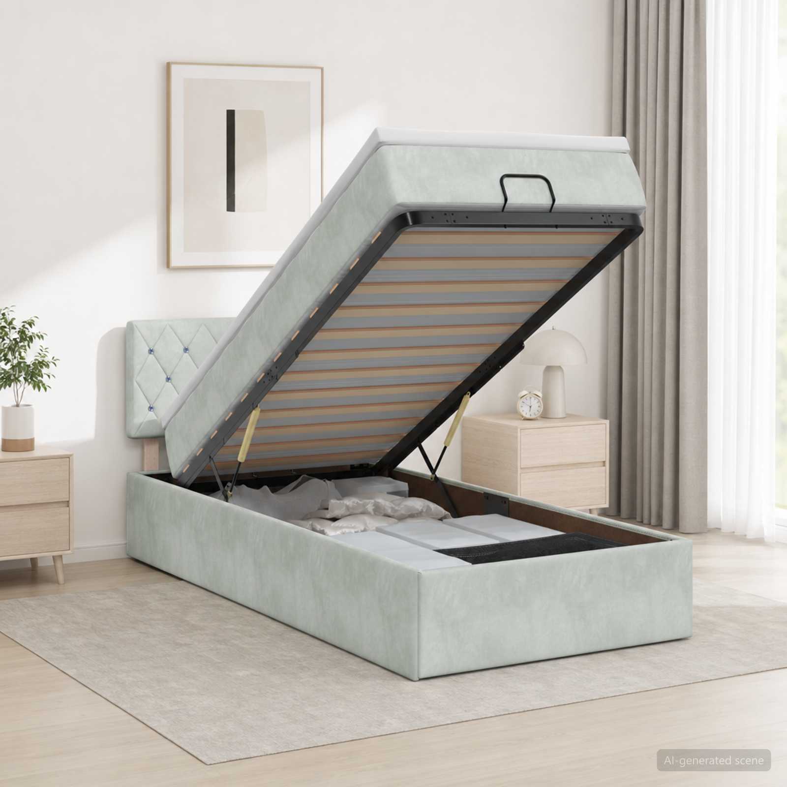 Ottoman Bett mit Matratze Hellgrau 100 x 200 cm Samt