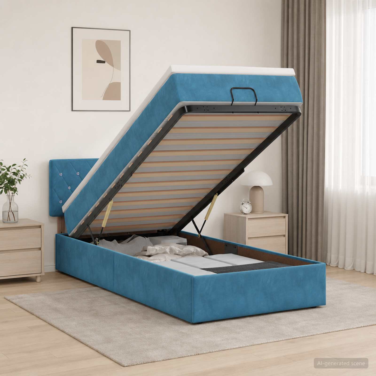Ottoman Bett mit Matratze Dunkelblau 100 x 200 cm Samt