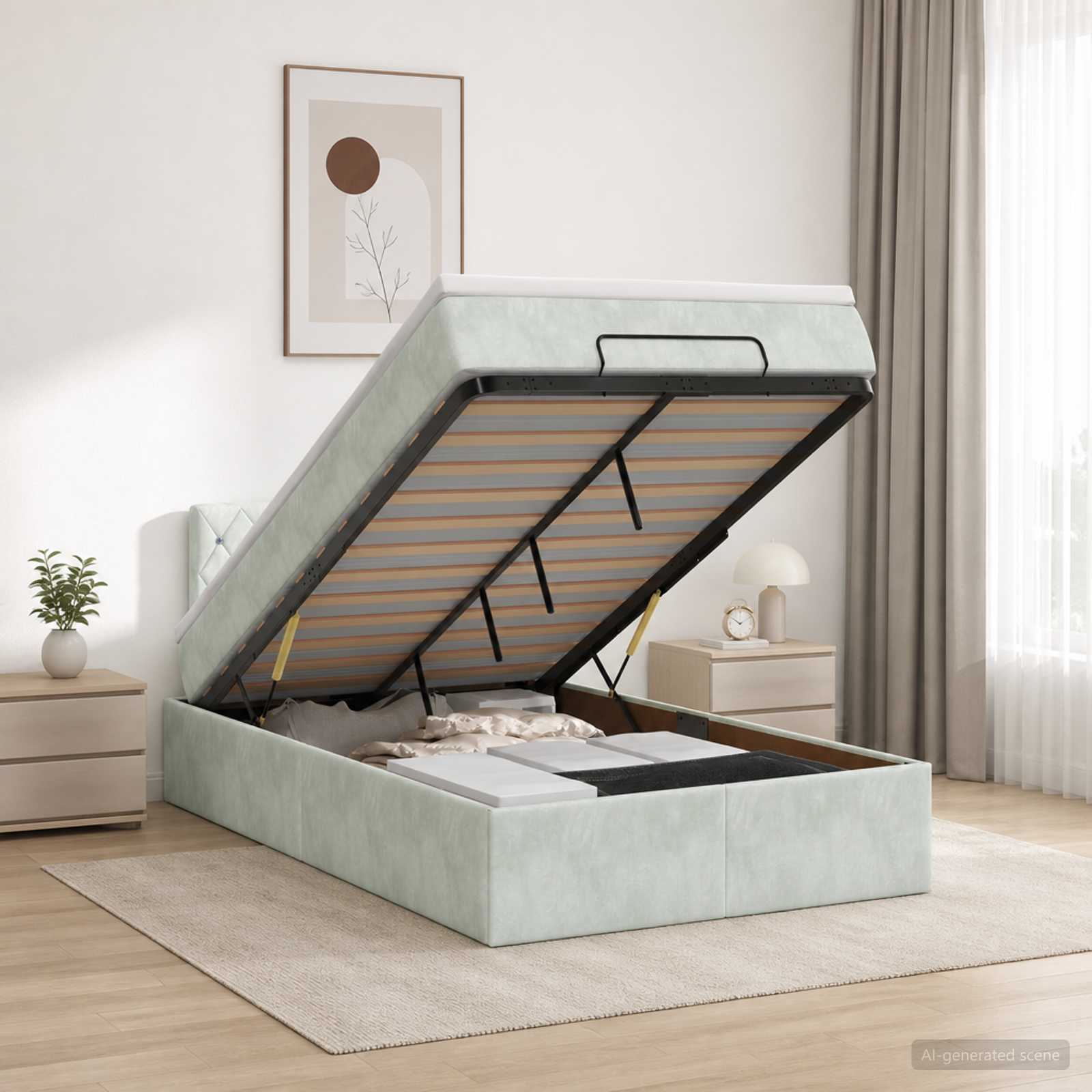 Ottoman Bett mit Matratze Hellgrau 120 x 200 cm Samt