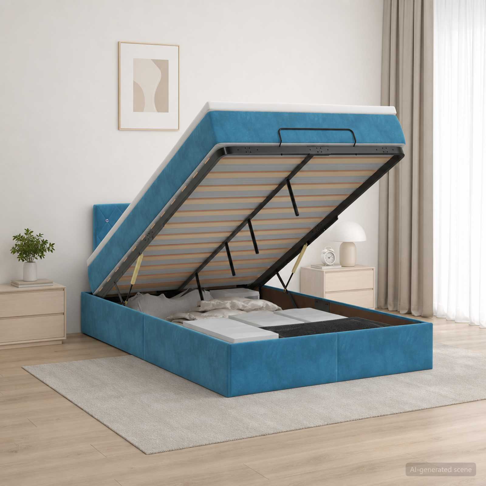 Ottoman Bett mit Matratze Dunkelblau 120 x 200 cm Samt