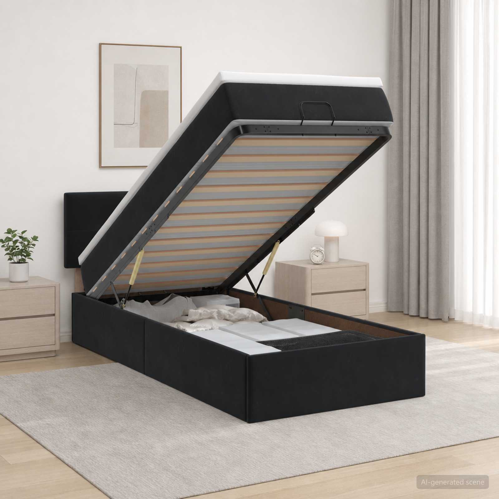 Ottoman Bett mit Matratze mit Kopfteil Schwarz 90 x 200 cm Samt