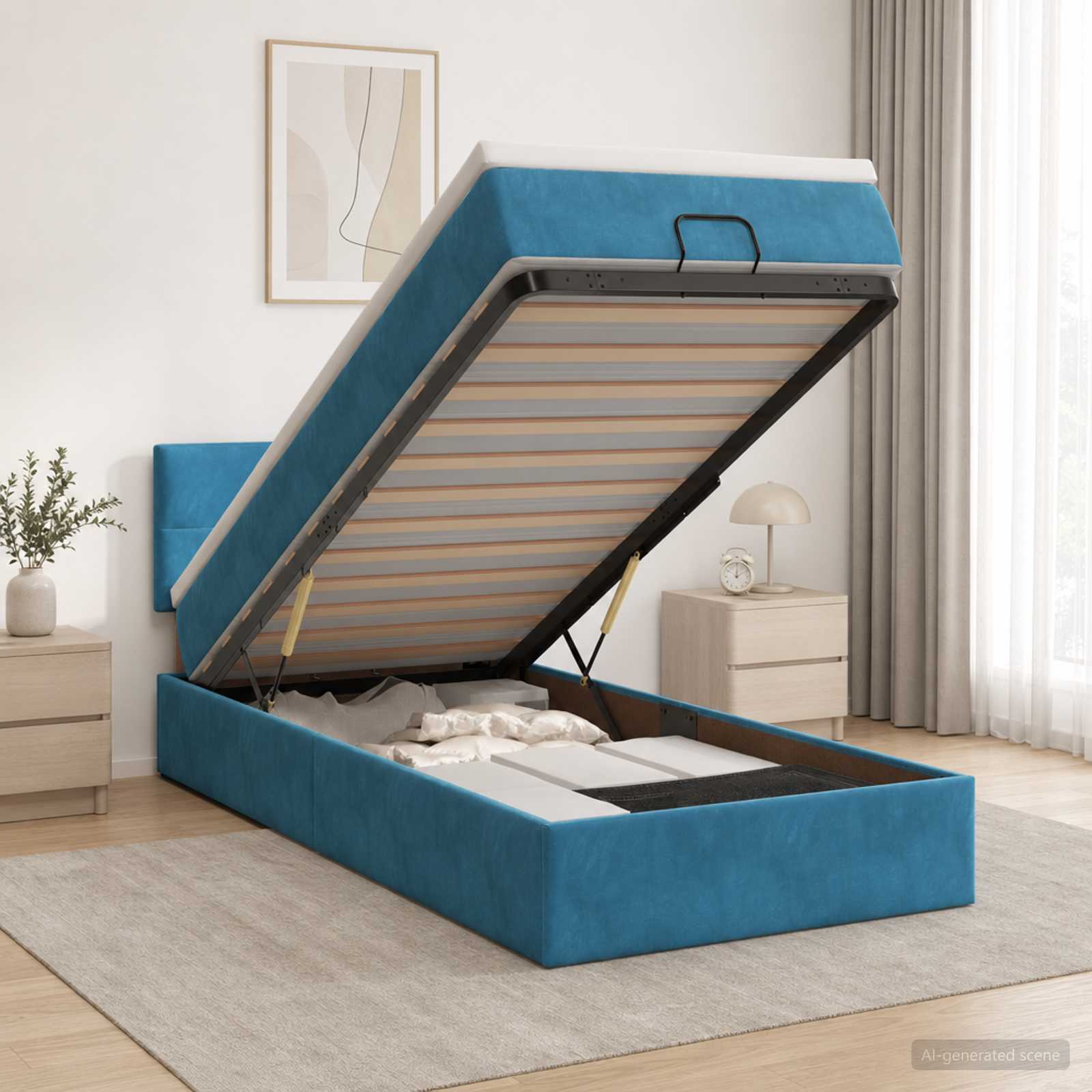 Ottoman Bett mit Matratze Dunkelblau 90 x 190 cm Samt