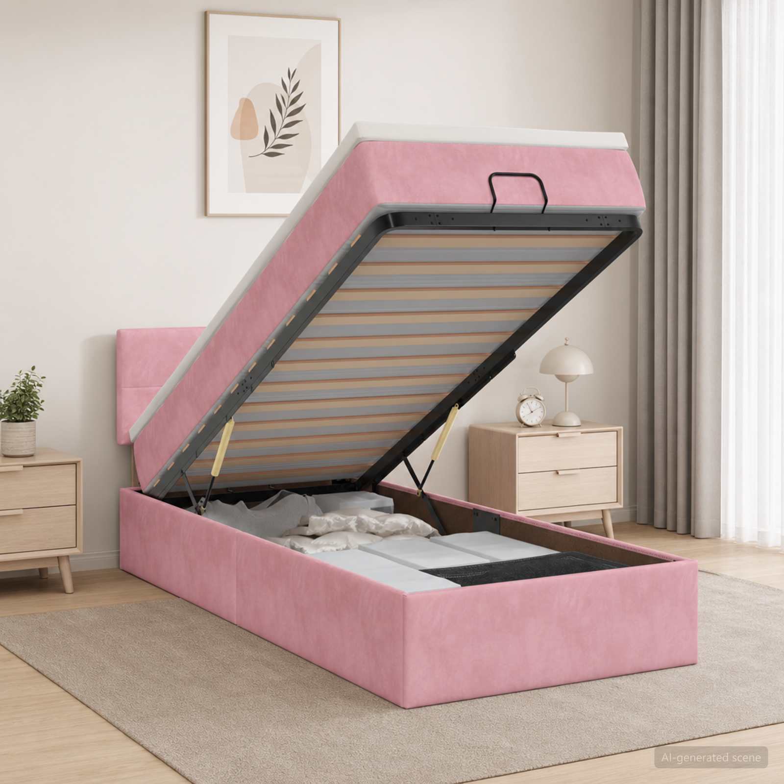 Ottoman Bett mit Matratze mit Kopfteil Rosa 100 x 200 cm Samt