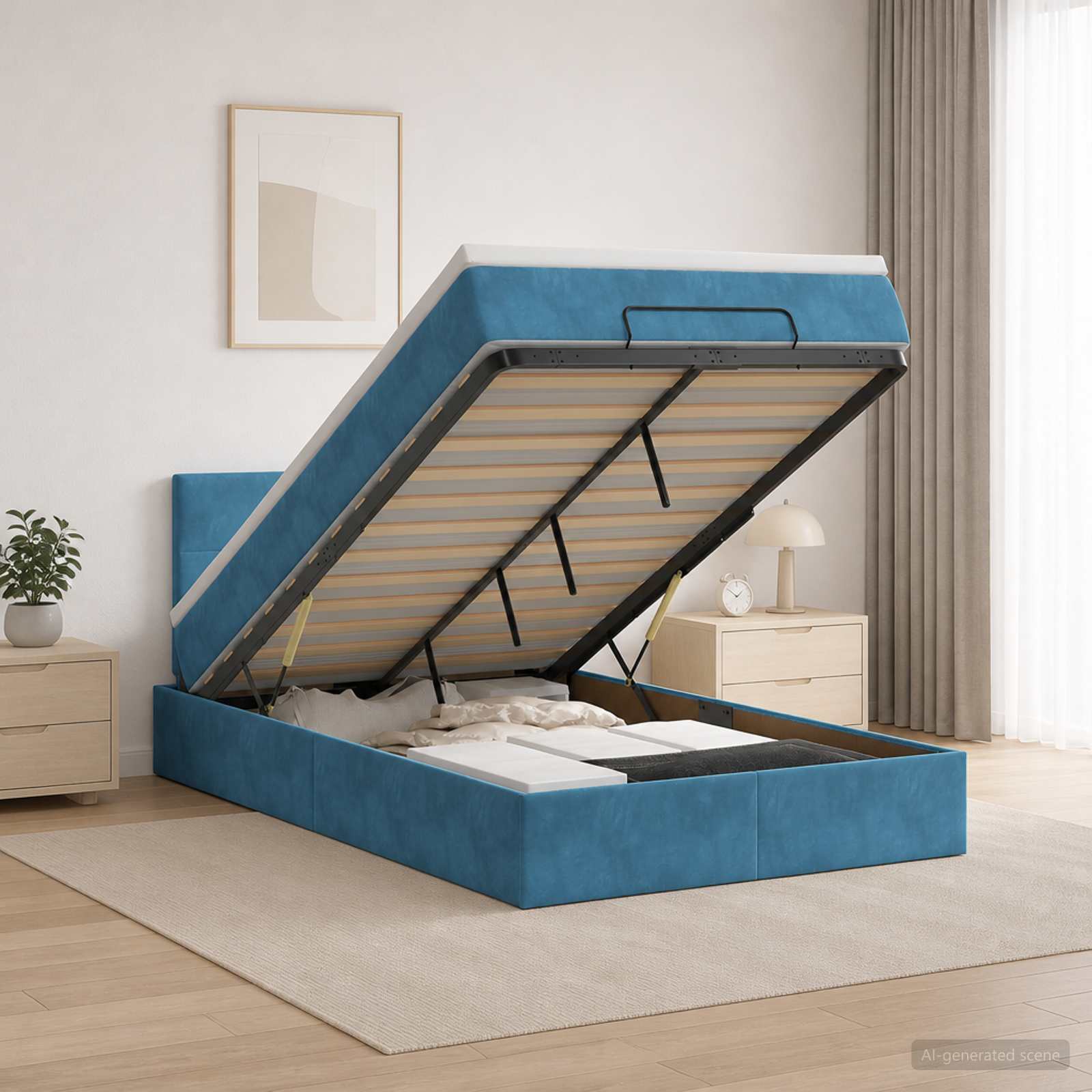 Ottoman Bett mit Matratze Dunkelblau 120 x 200 cm Samt
