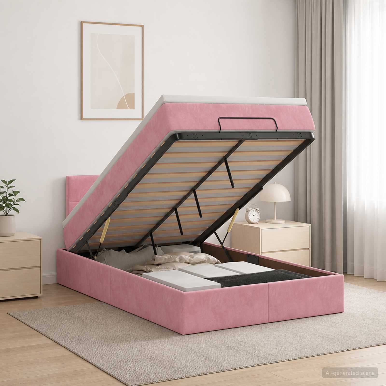 Ottoman-Bett mit Matratze und LED Rosa 120 x 200 cm Samt