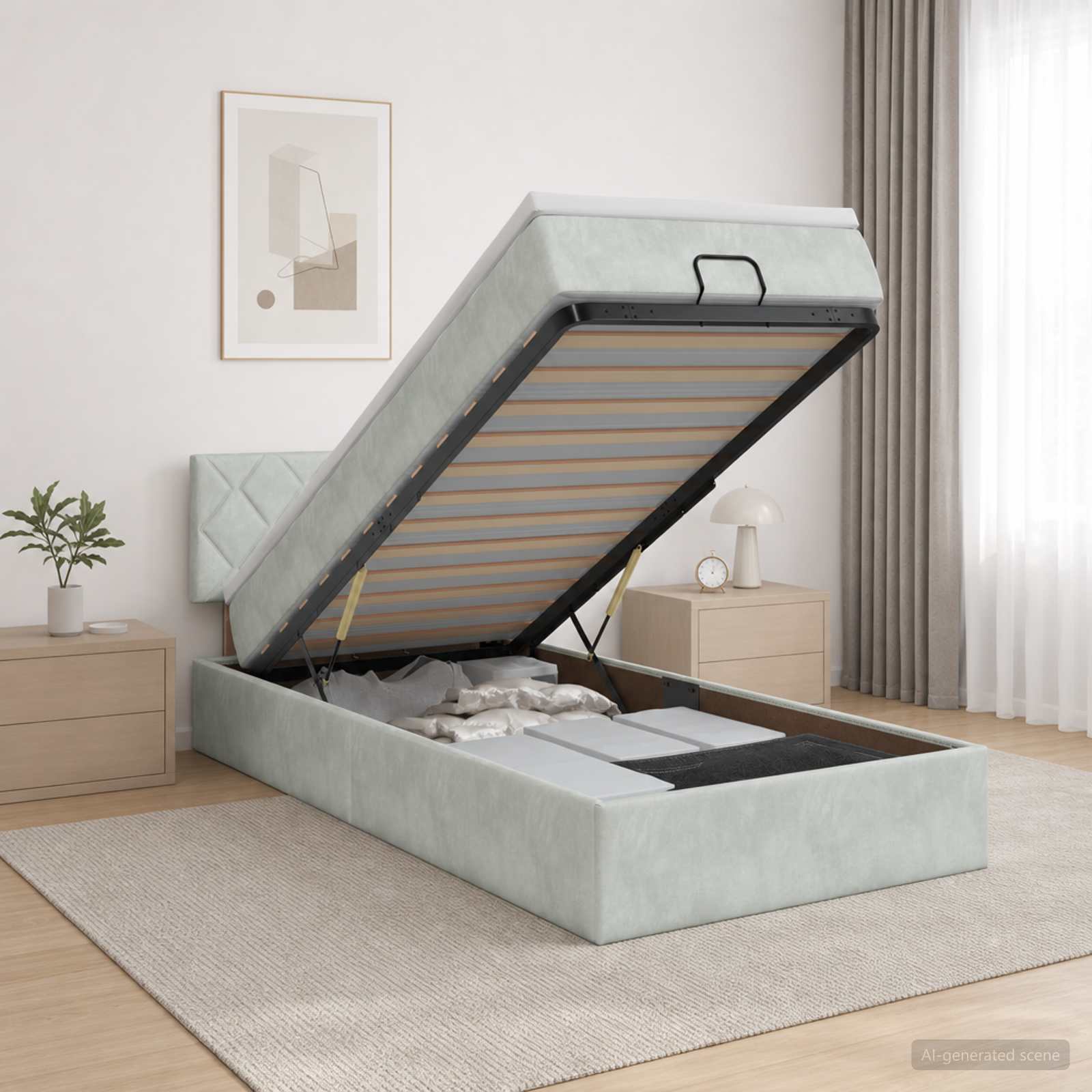 Ottoman Bett mit Matratze Hellgrau 90 x 190 cm Samt