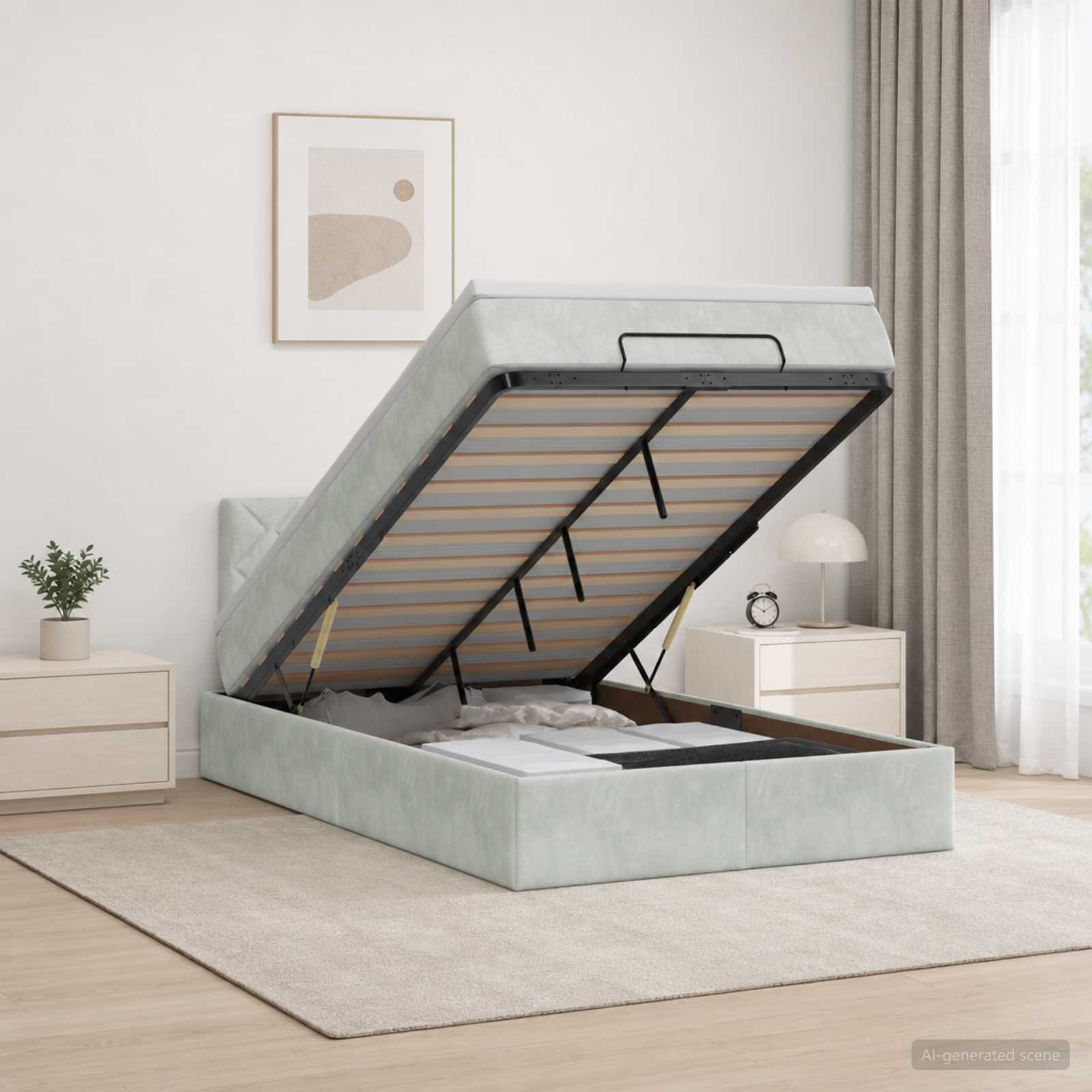 Ottoman Bett mit Matratze Hellgrau 120 x 200 cm Samt