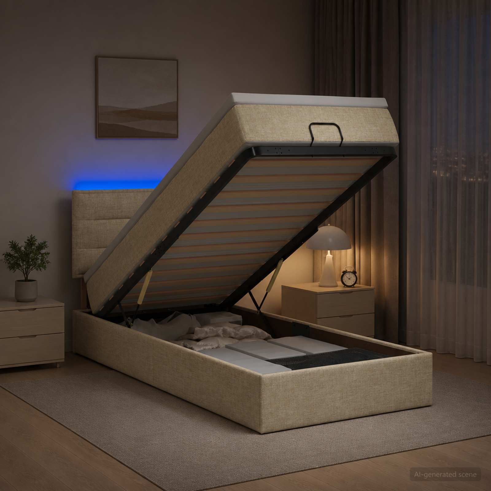 Ottoman-Bett mit Matratze und LED Creme 100 x 200 cm Stoff
