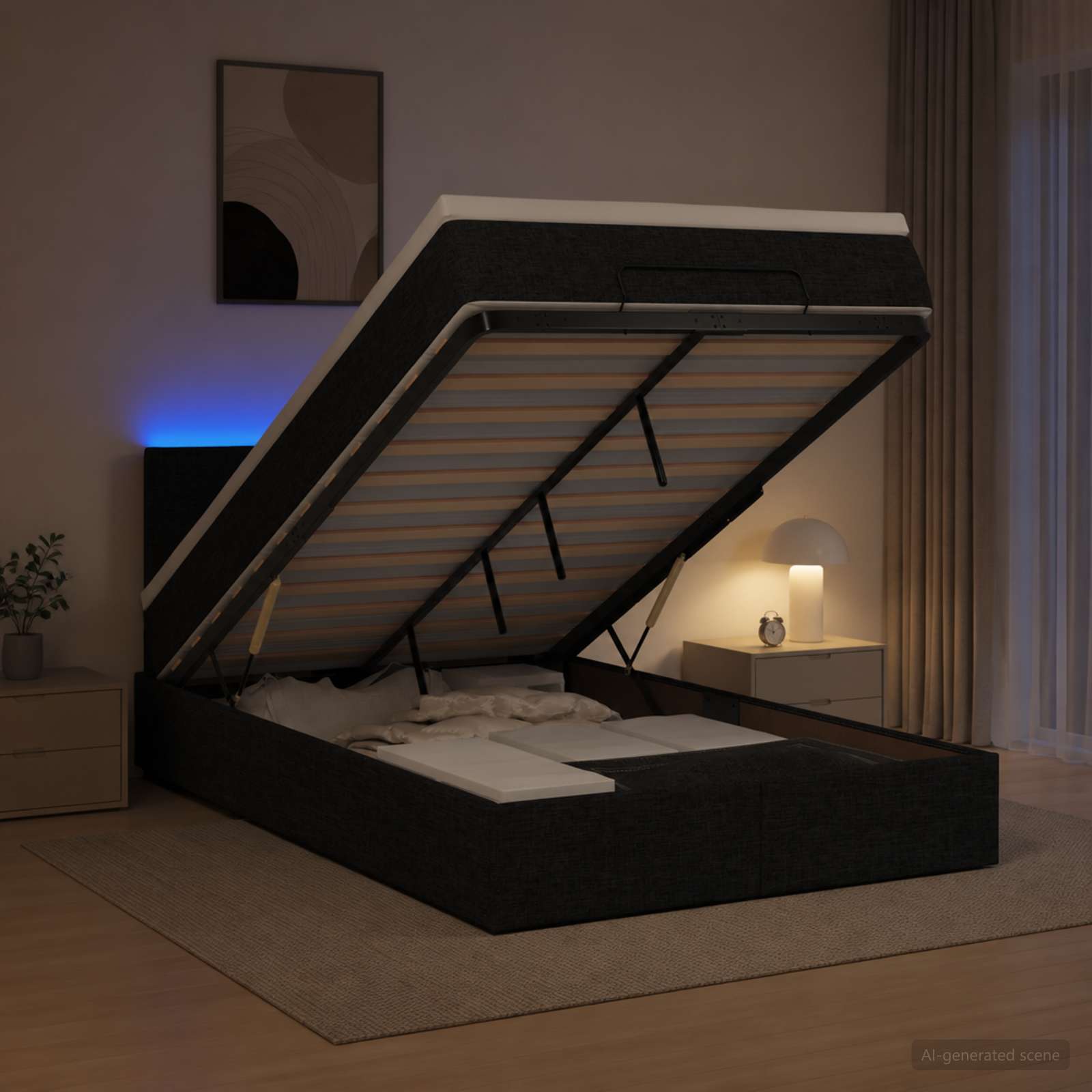 Ottoman-Bett mit Matratze und LED Schwarz 120 x 190 cm Stoff