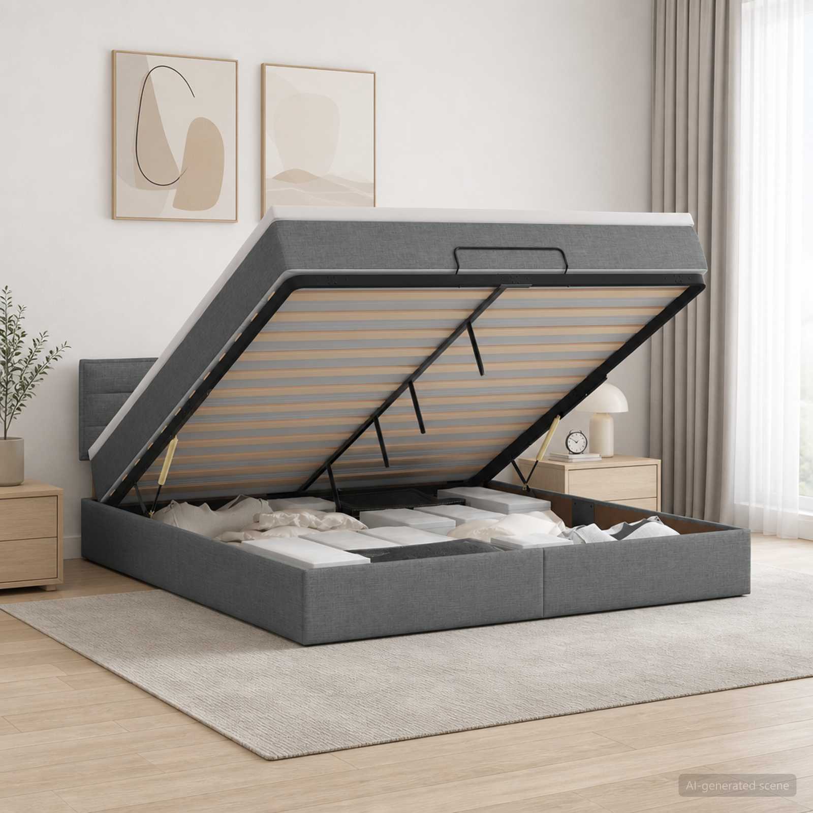 Ottoman Bett mit Matratze Dunkelgrau 140 x 190 cm Stoff