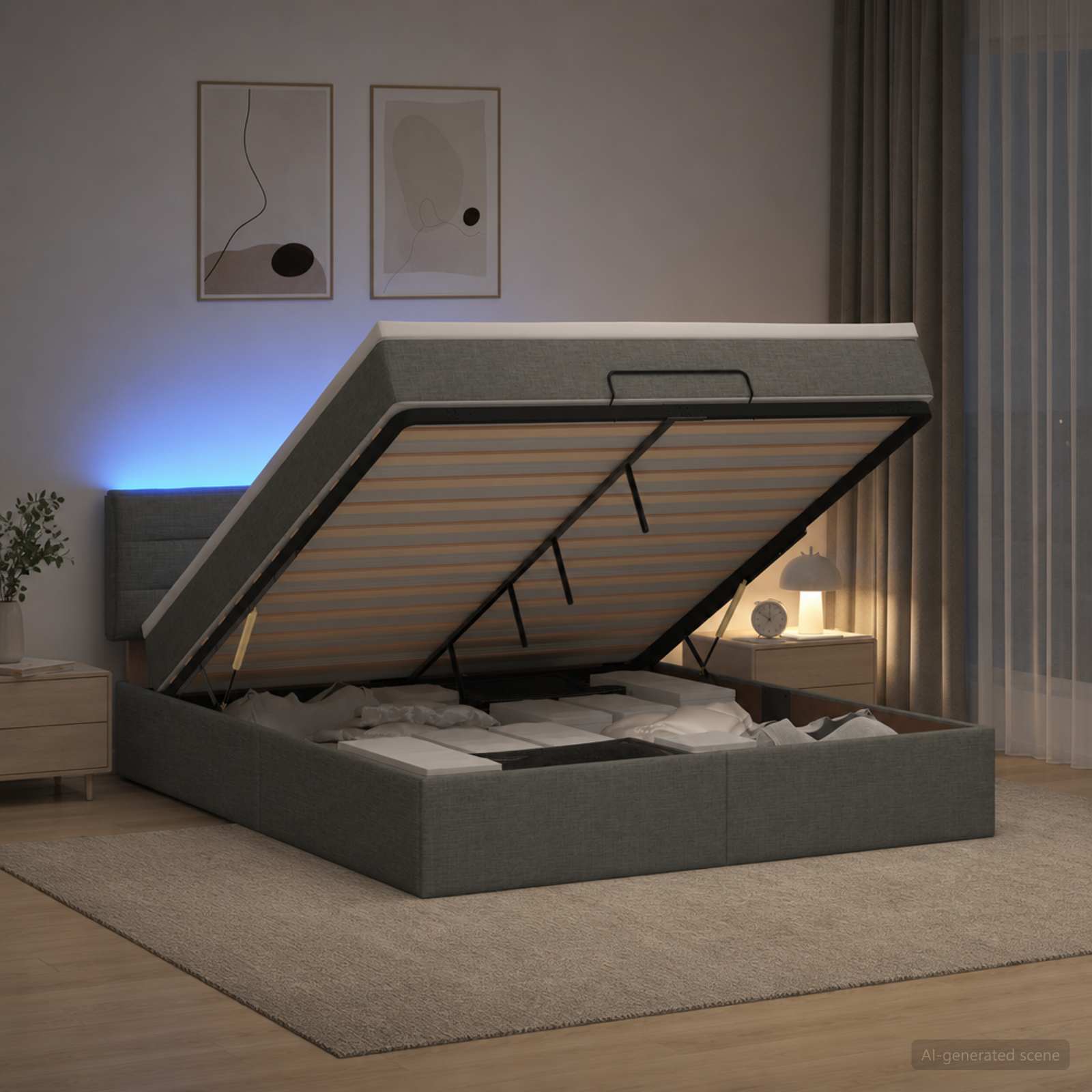 Ottoman-Bett mit Matratze und LED Dunkelgrau 140 x 200 cm Stoff
