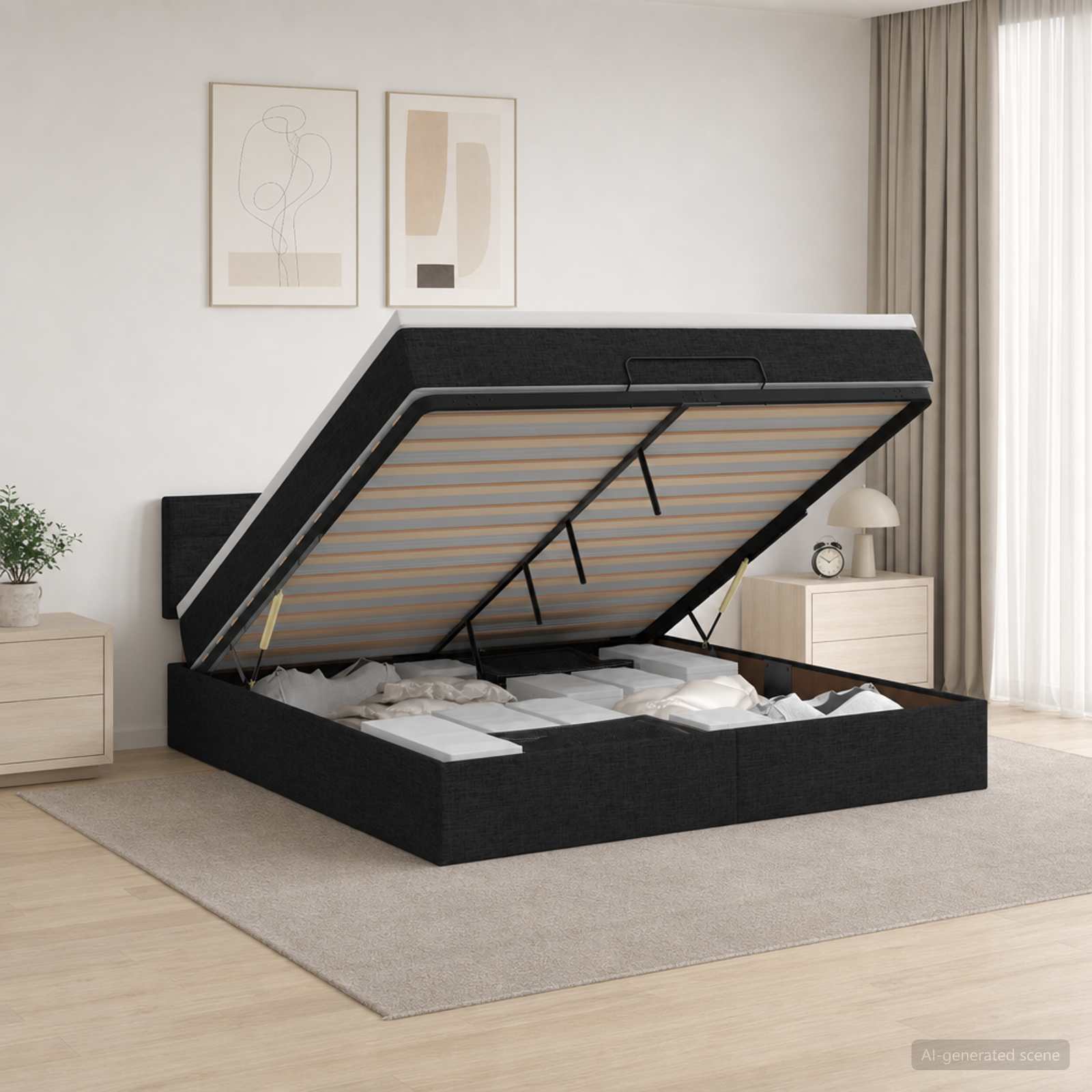 Ottoman Bett mit Matratze Schwarz 160 x 200 cm Stoff