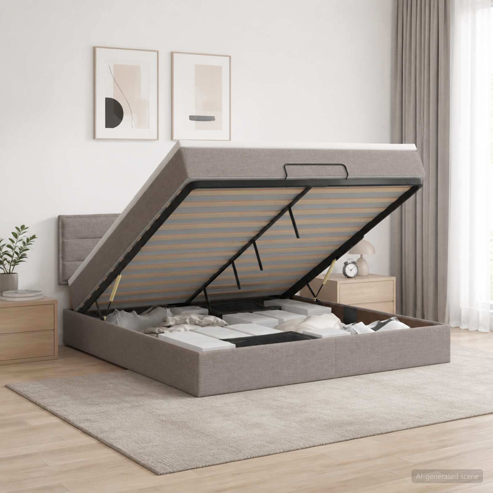 Ottoman-Bett mit Matratze und LED Taupe 140 x 200 cm Stoff