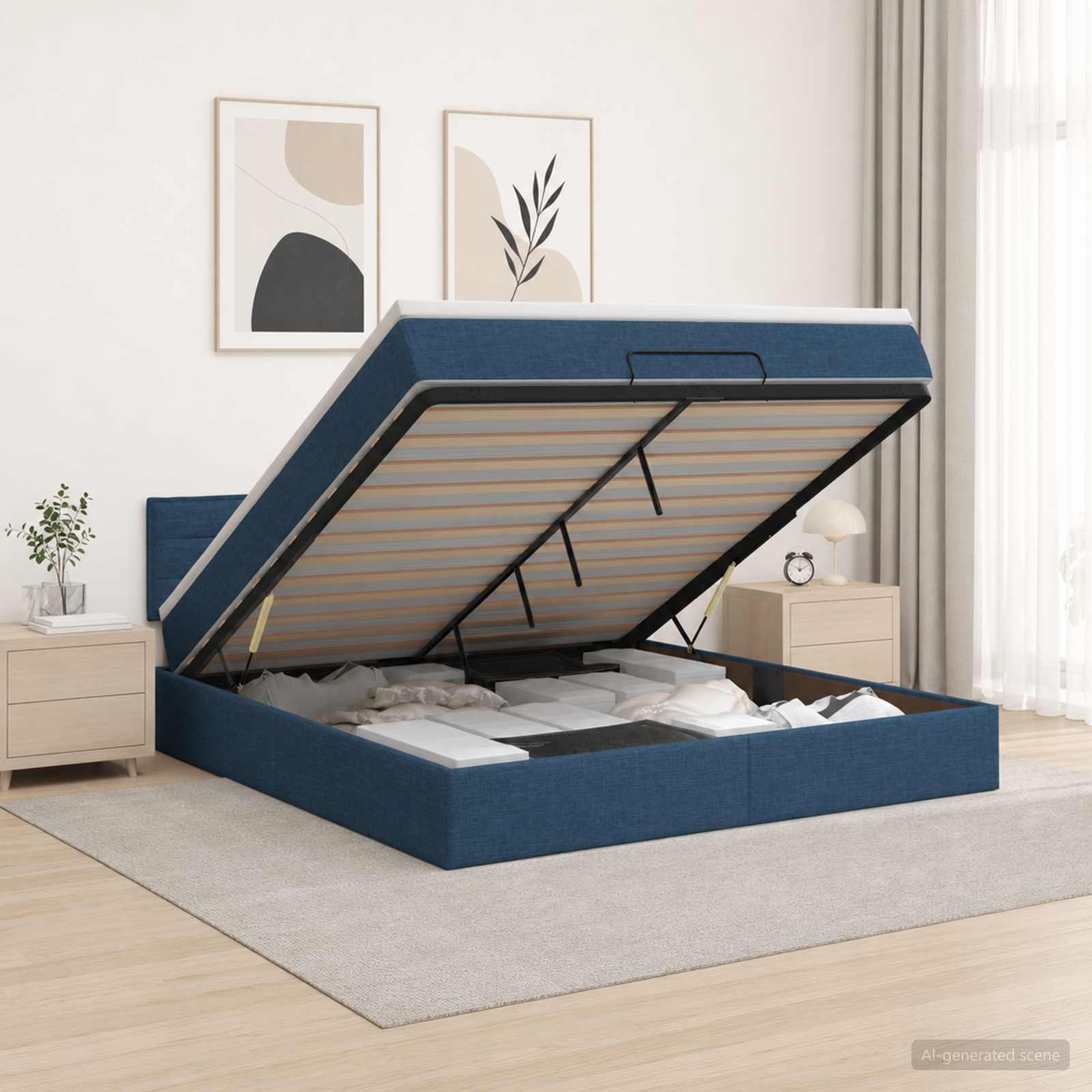 Ottoman Bett mit Matratze mit Kopfteil Blau 140 x 200 cm Stoff