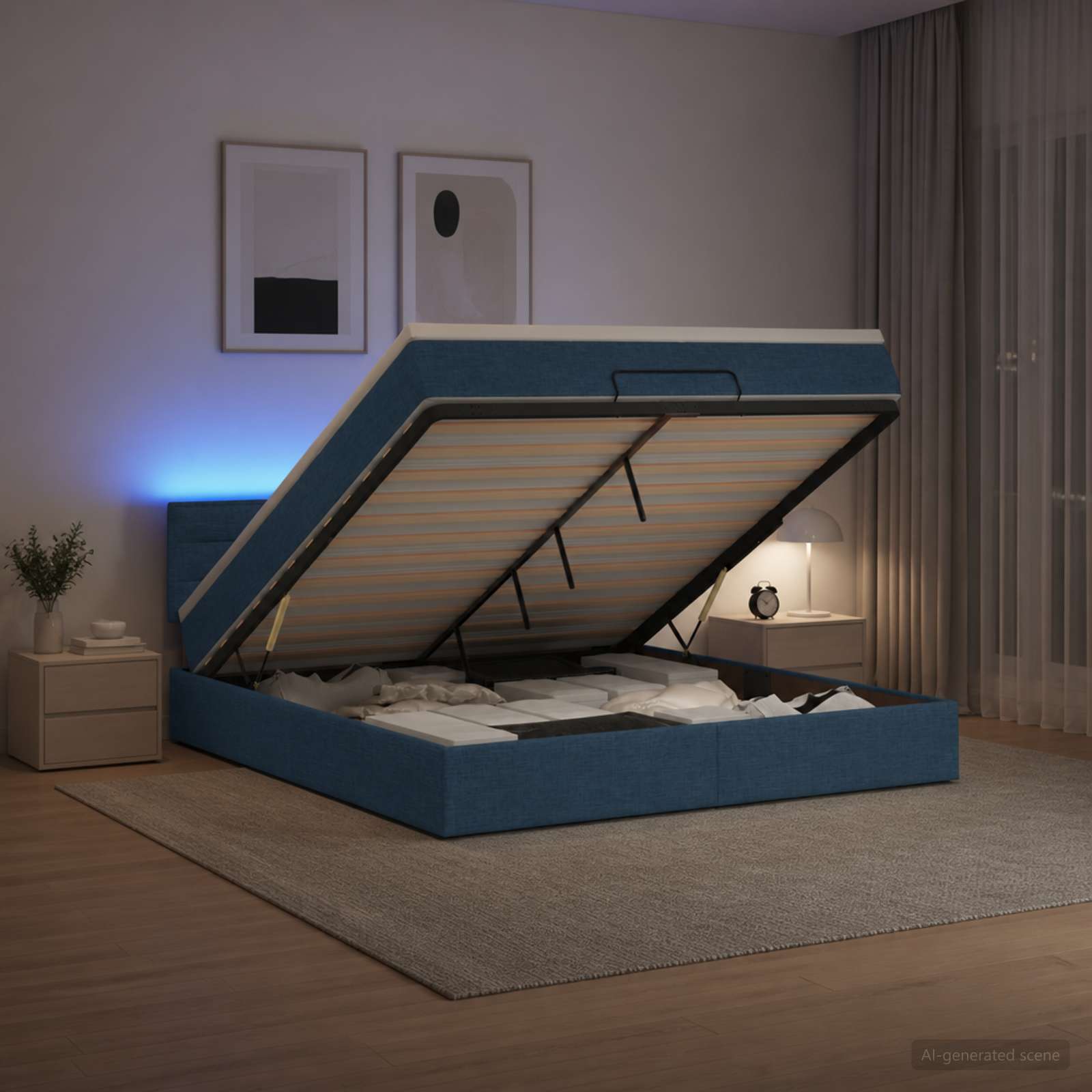 Ottoman-Bett mit Matratze und LED Blau 140 x 190 cm Stoff