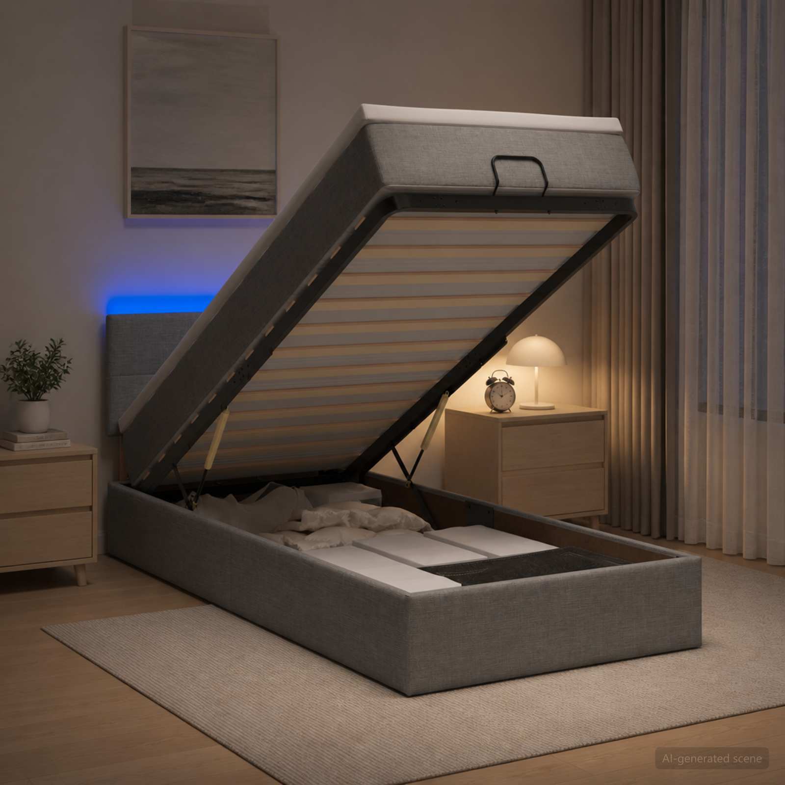 Ottoman-Bett mit Matratze und LED Hellgrau 100 x 200 cm Stoff