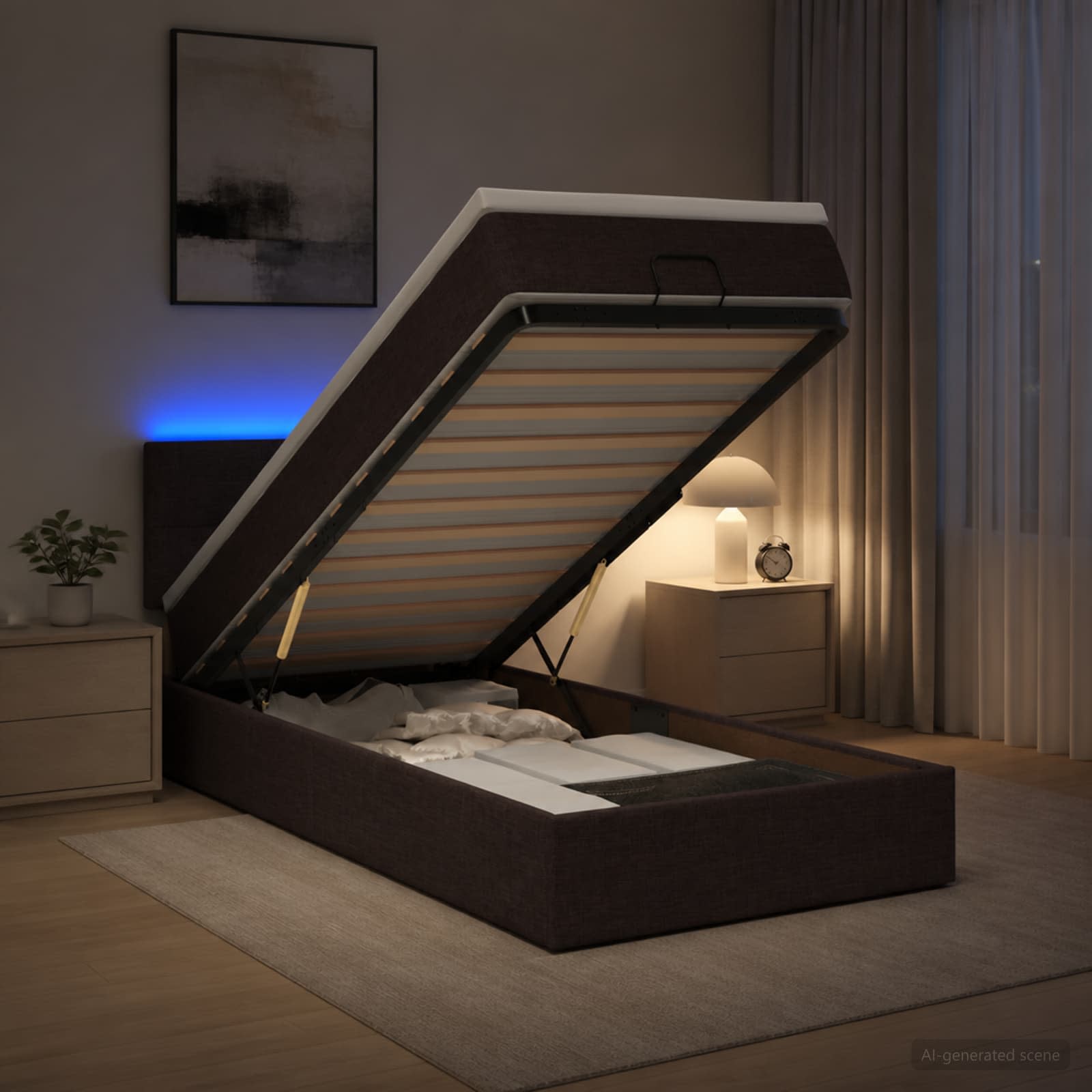 Ottoman-Bett mit Matratze und LED Dunkelbraun 90 x 200 cm Stoff