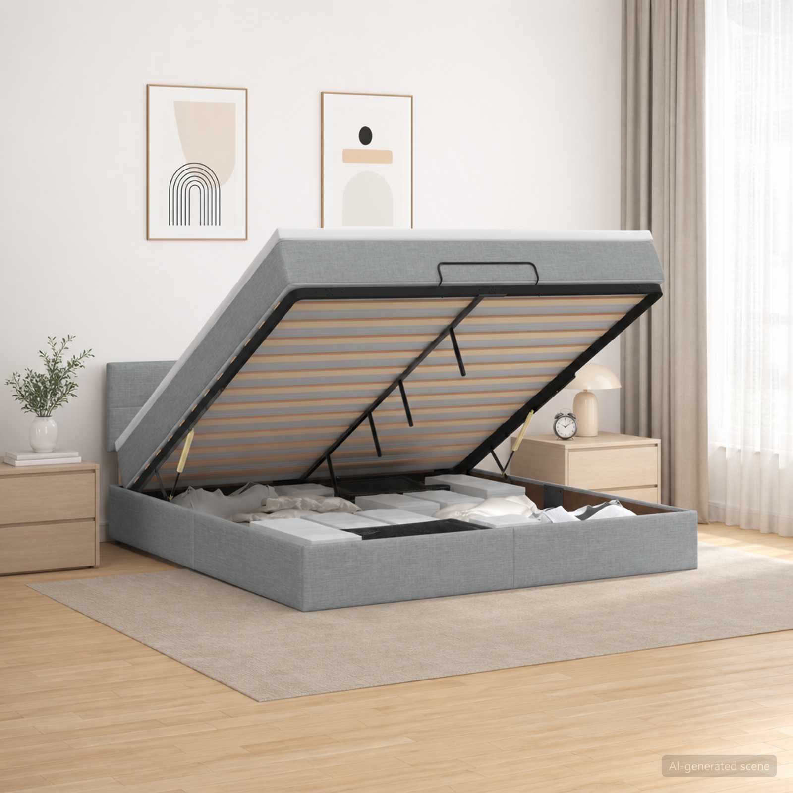 Ottoman Bett mit Matratze Hellgrau 160 x 200 cm Stoff