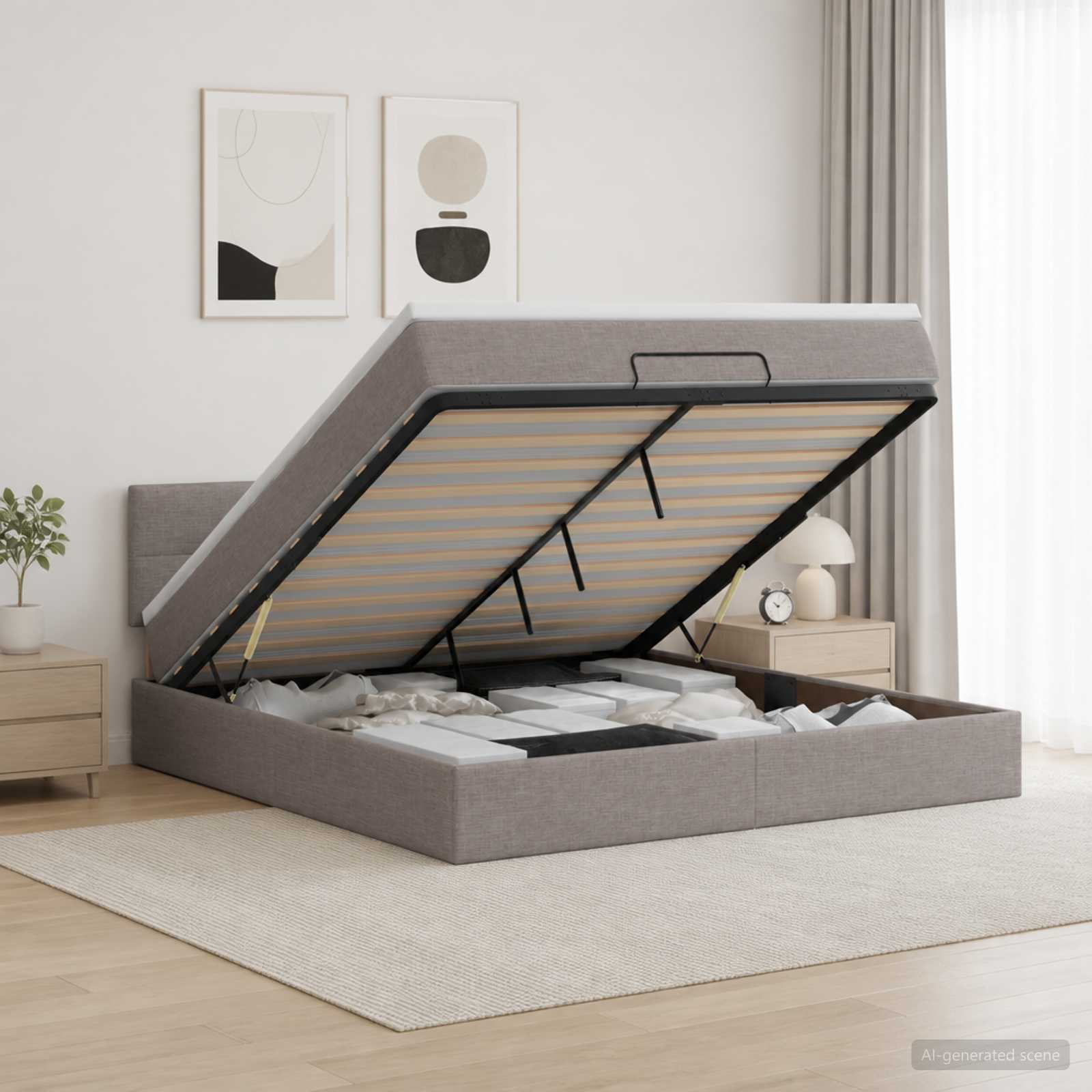 Ottoman Bett mit Matratze mit Kopfteil Taupe 140 x 200 cm Stoff