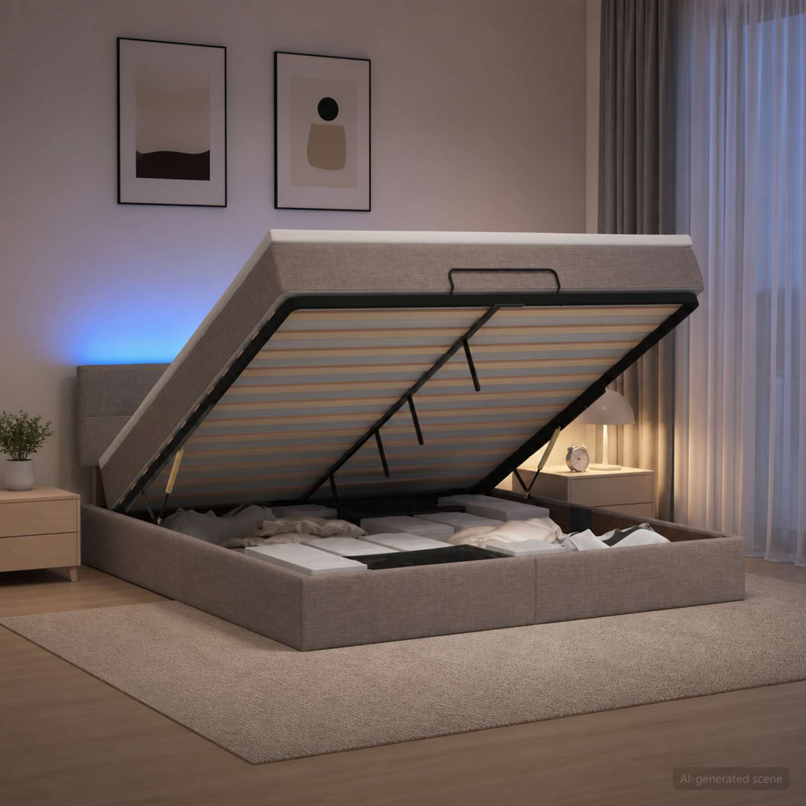 Ottoman-Bett mit Matratze und LED Taupe 140 x 190 cm Stoff