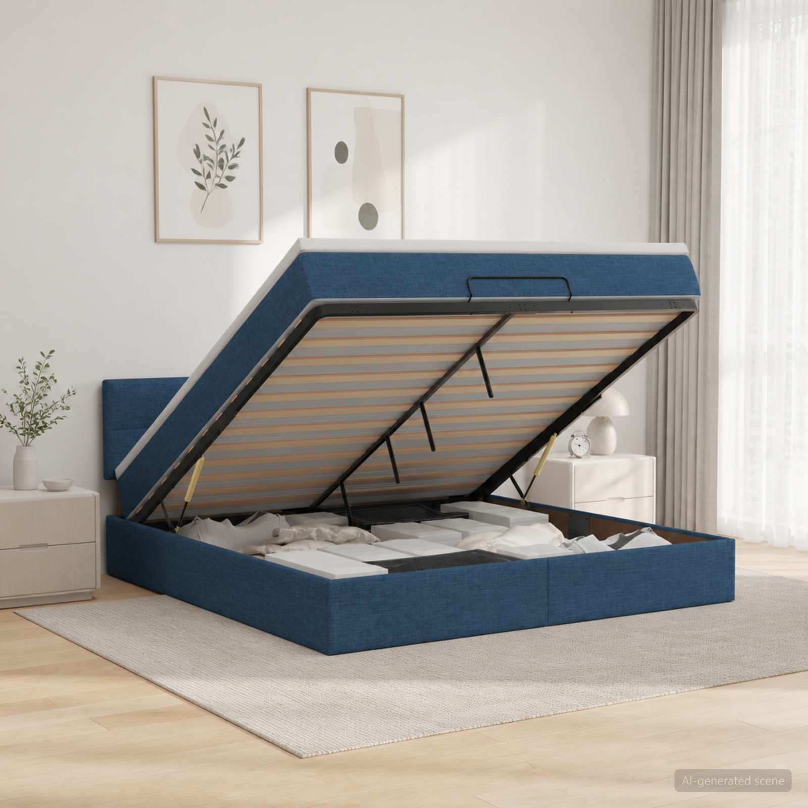 Ottoman-Bett mit Matratze und LED Blau 140 x 200 cm Stoff