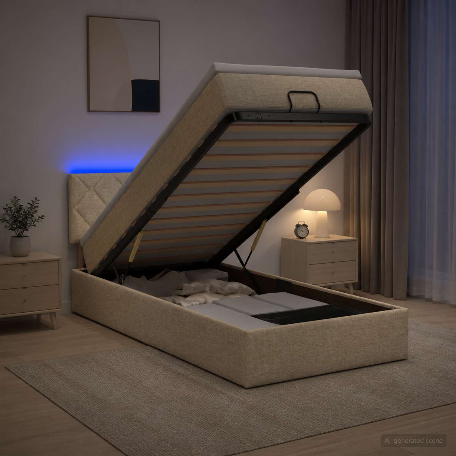 Ottoman-Bett mit Matratze und LED Creme 80 x 200 cm Stoff