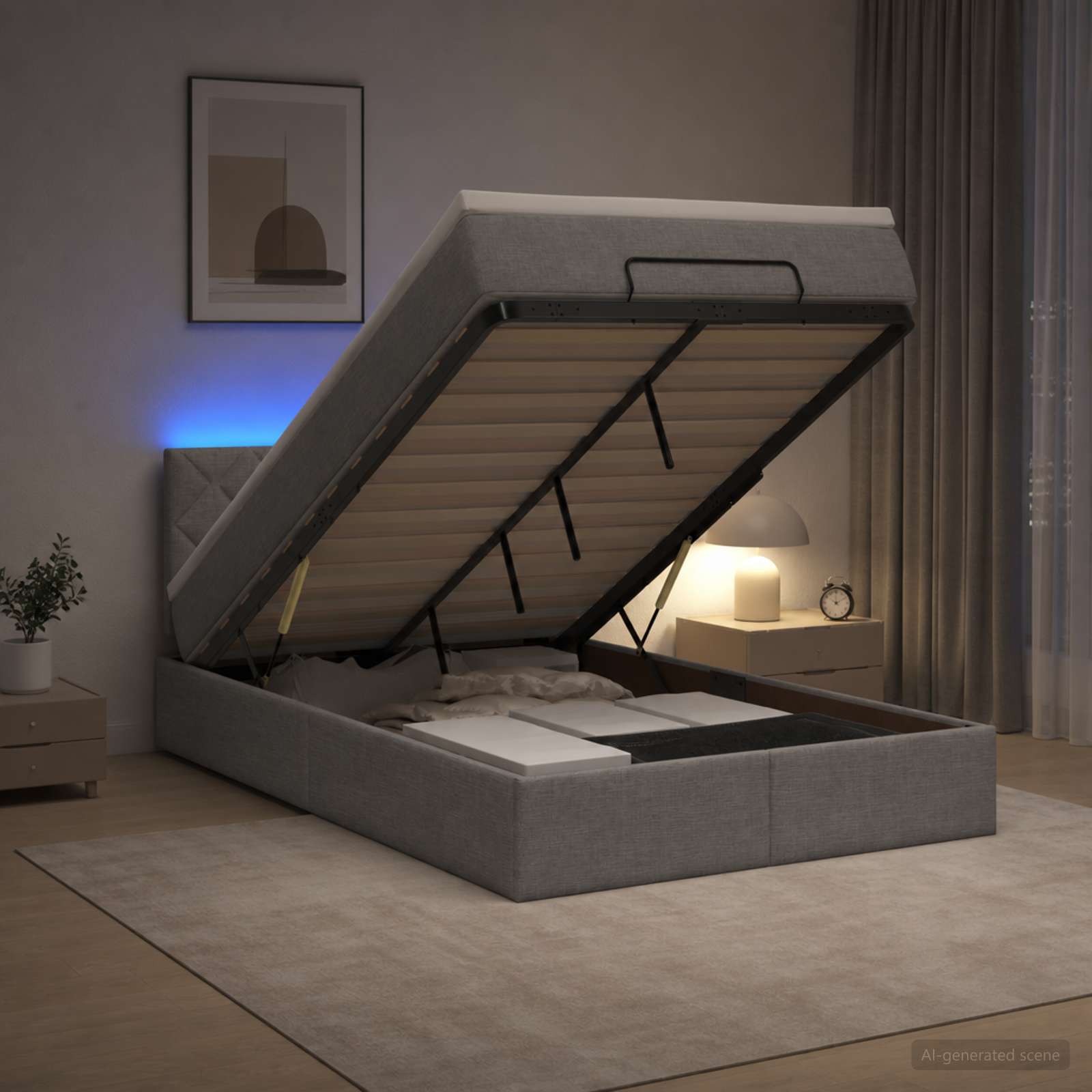 Ottoman-Bett mit Matratze und LED Hellgrau 120 x 200 cm Stoff