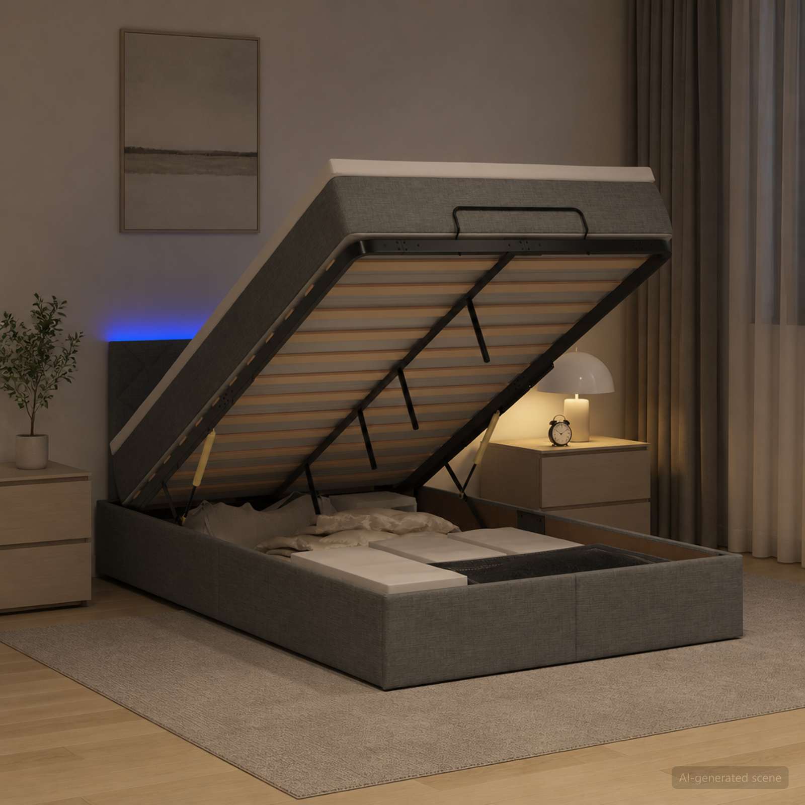 Ottoman-Bett mit Matratze und LED Dunkelgrau 120 x 200 cm Stoff
