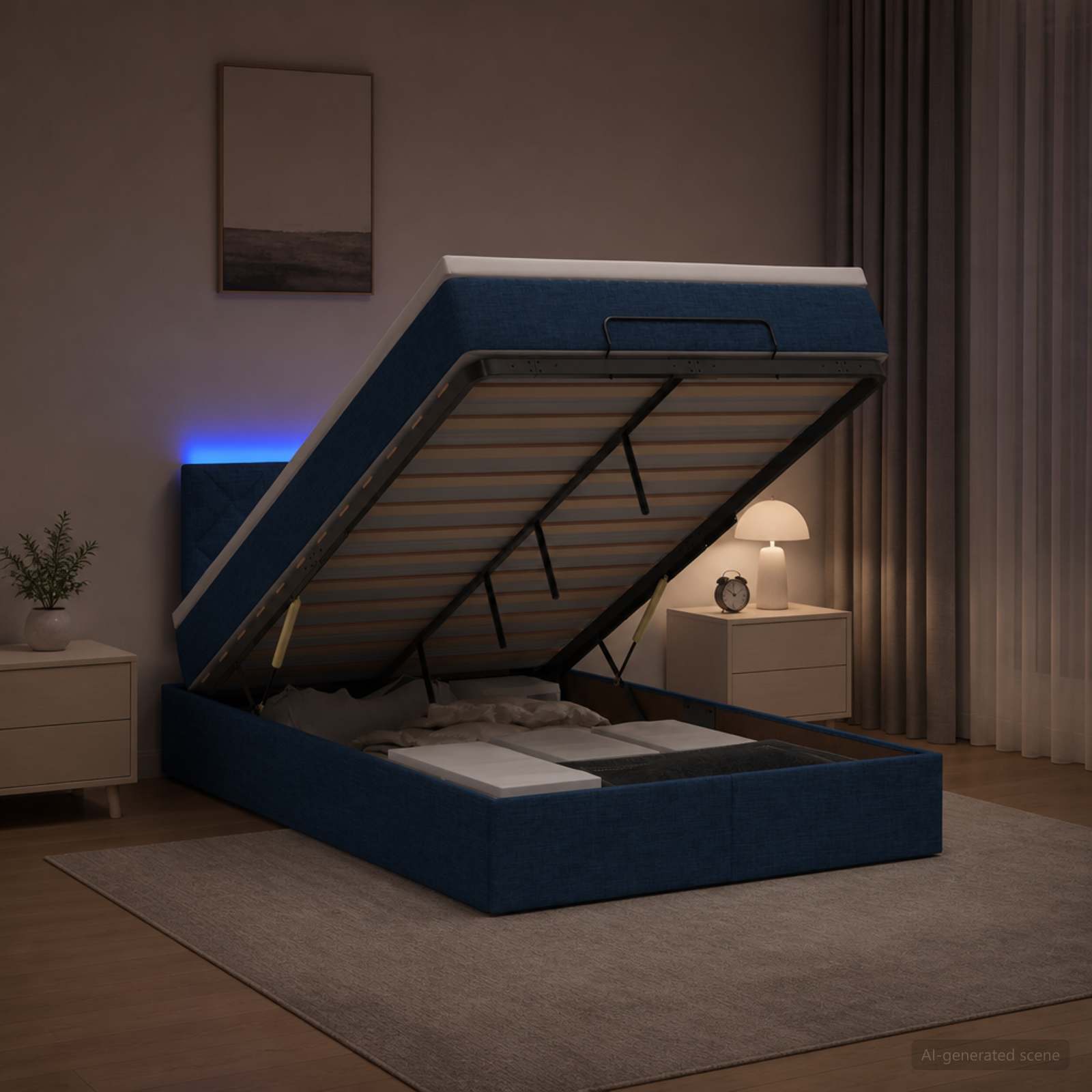 Ottoman-Bett mit Matratze und LED Blau 120 x 200 cm Stoff